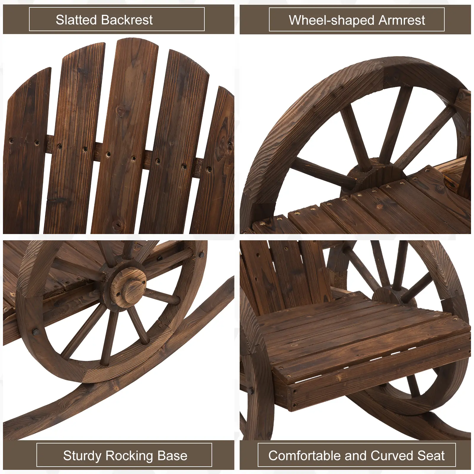 Wooden Rocking Chair, Outdoor Rocker with Slatted Design, Wheel Armrests, Carbonized - Image 7