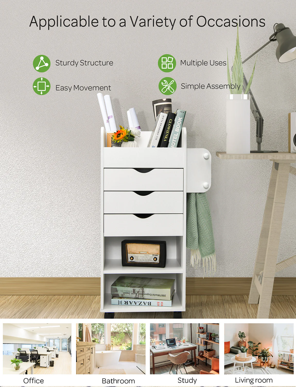 Wooden Rolling Craft Storage Cart, White - Image 3