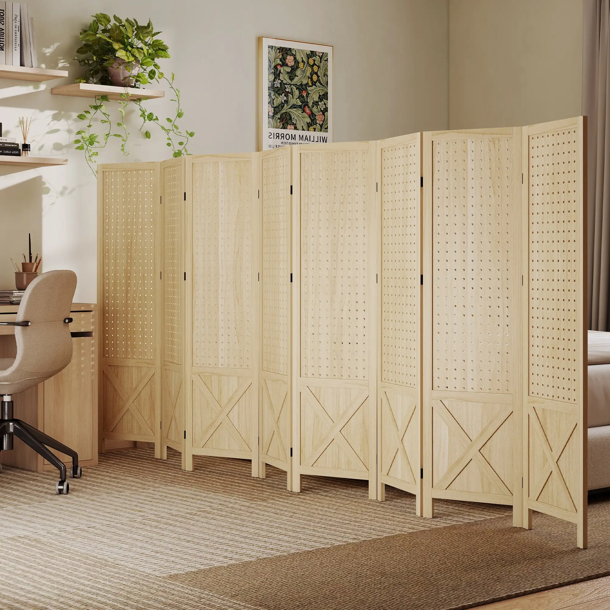 Wooden Room Divider With Pegboard Display, 8 Panel Folding Privacy Screen, Natural Wood - Image 10