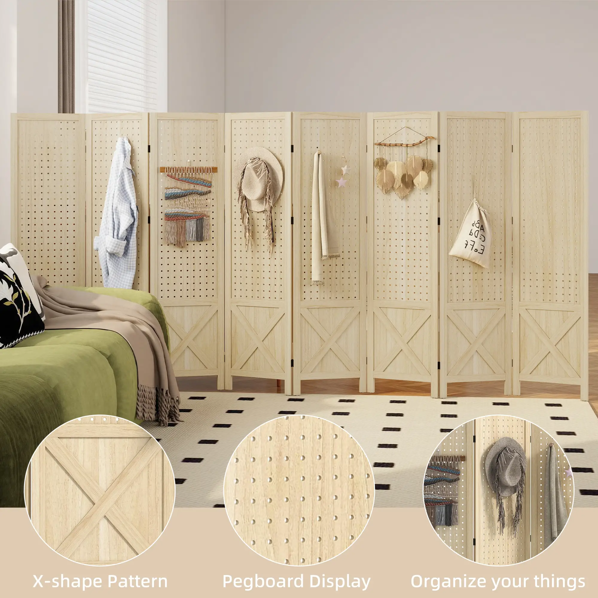 Wooden Room Divider With Pegboard Display, 8 Panel Folding Privacy Screen, Natural Wood - Image 4