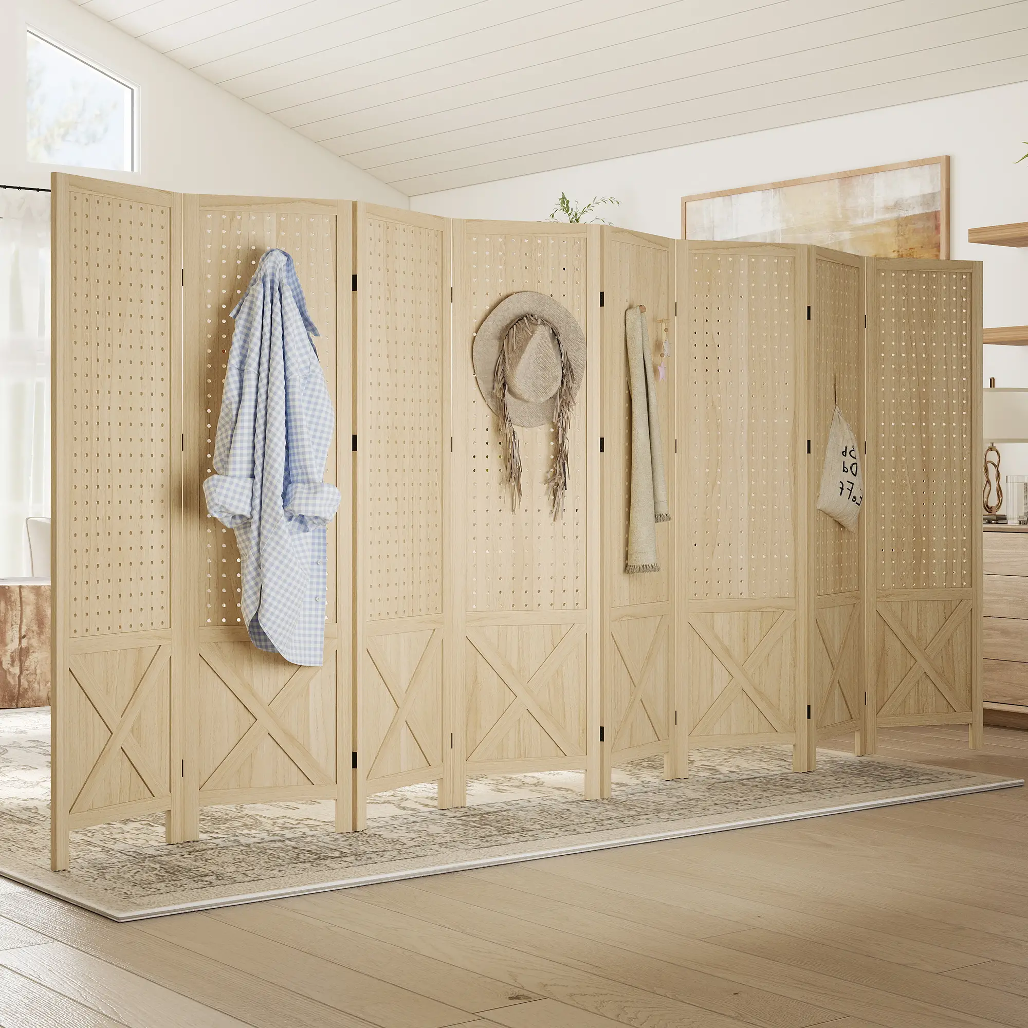 Wooden Room Divider With Pegboard Display, 8 Panel Folding Privacy Screen, Natural Wood - Image 9
