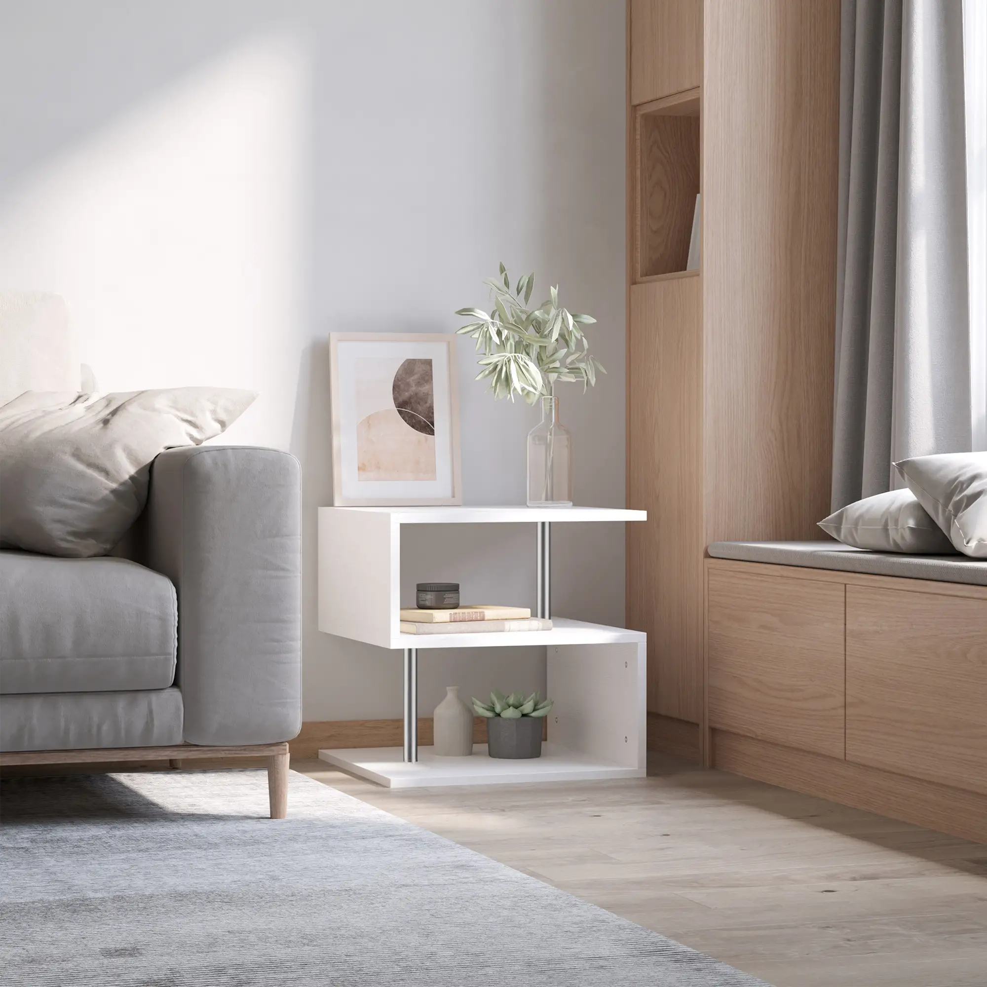 Wooden S Shape End Table, 3 Tier Storage Shelves, White - Image 2
