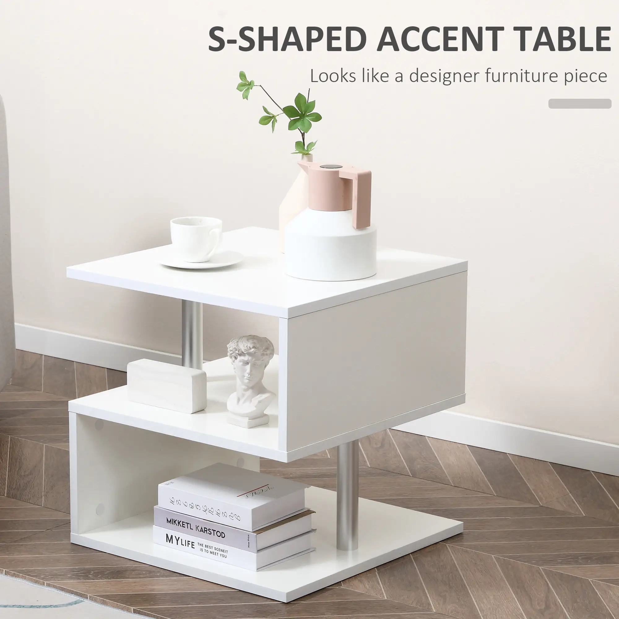 Wooden S Shape End Table, 3 Tier Storage Shelves, White - Image 4