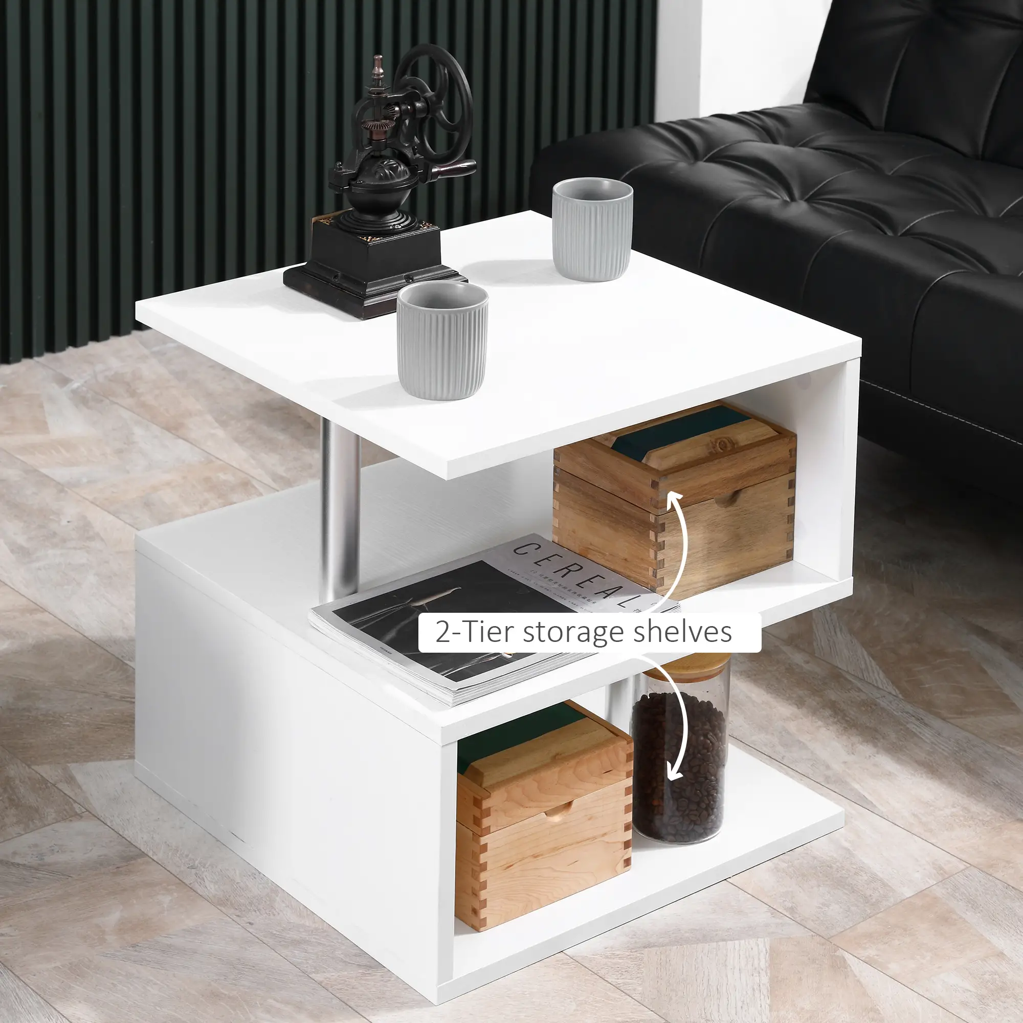 Wooden S Shape End Table, 3 Tier Storage Shelves, White - Image 5