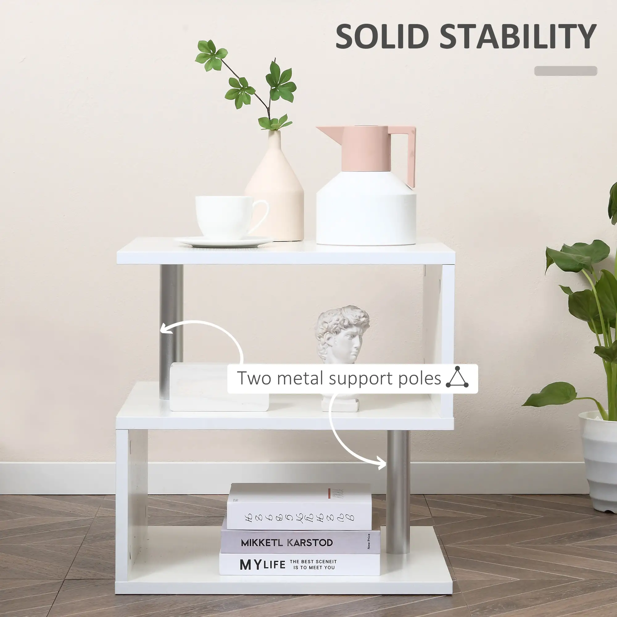 Wooden S Shape End Table, 3 Tier Storage Shelves, White - Image 6