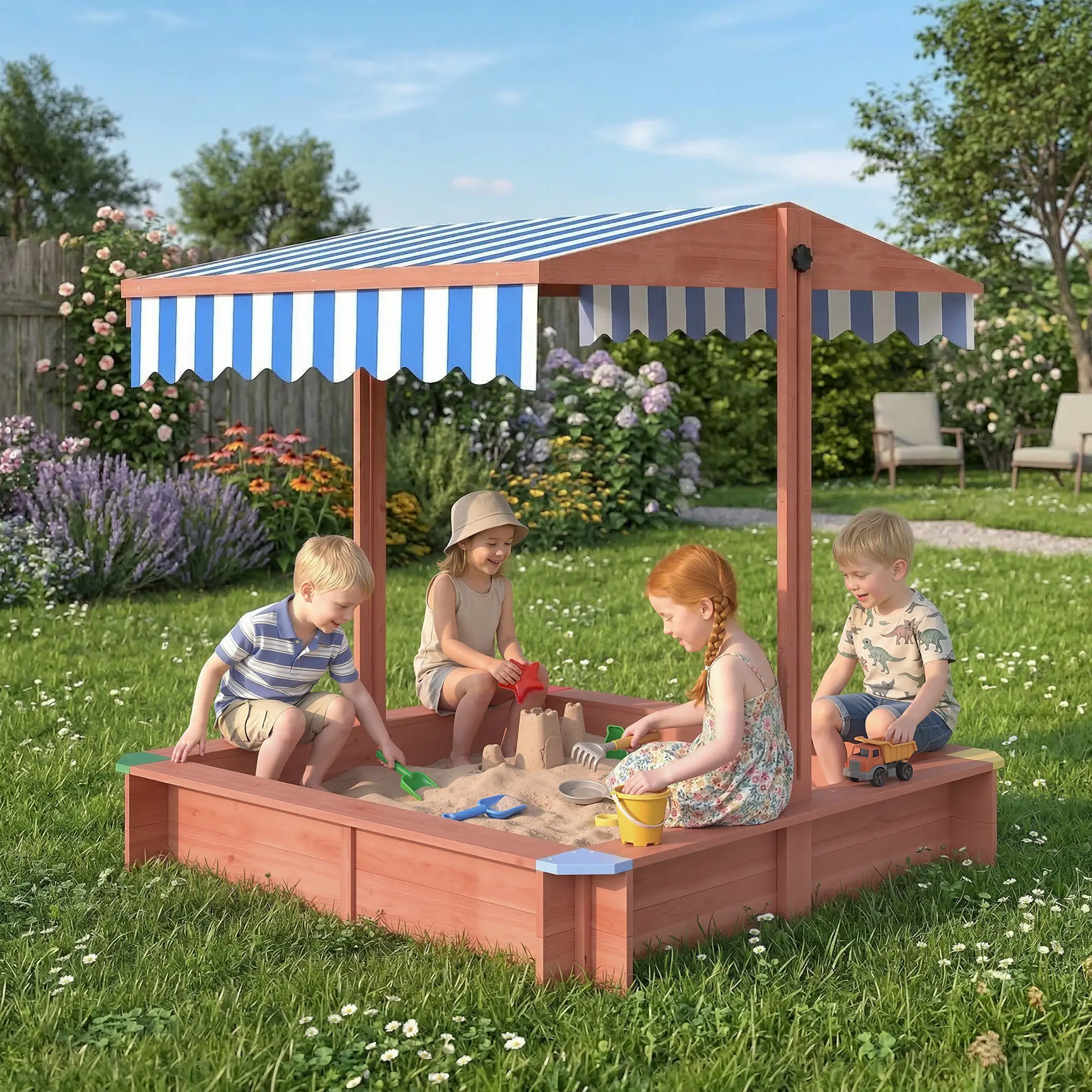 Wooden Sandbox with Cover, Adjustable Canopy, Seats, Dark Brown - Image 2