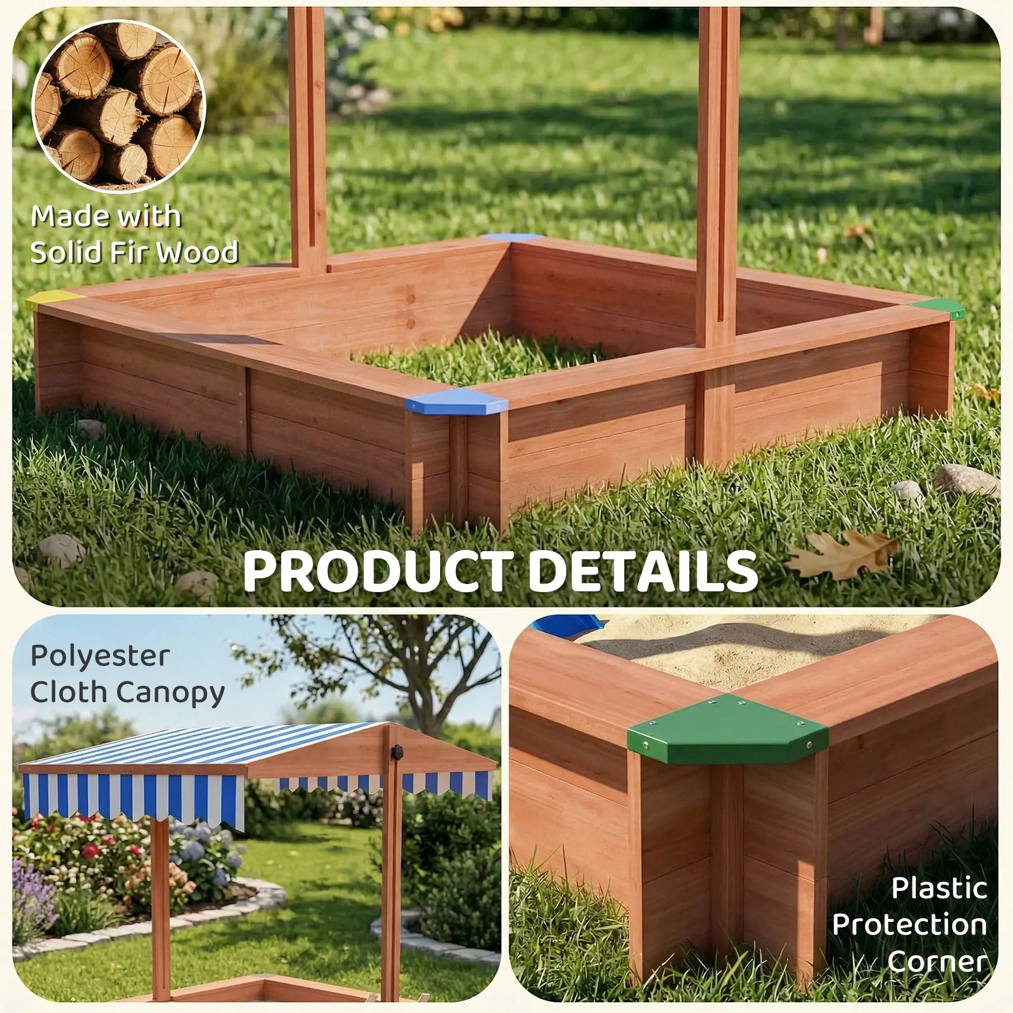 Wooden Sandbox with Cover, Adjustable Canopy, Seats, Dark Brown - Image 7