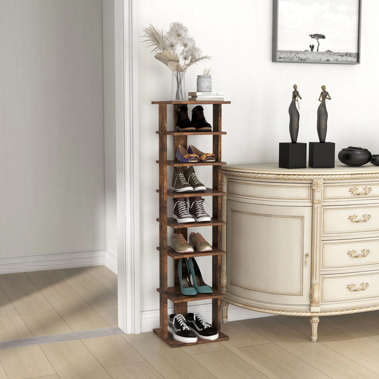 Wooden Shoe Storage Stand, 7 Tier Shoe Rack Organizer, Rustic Brown - Image 2