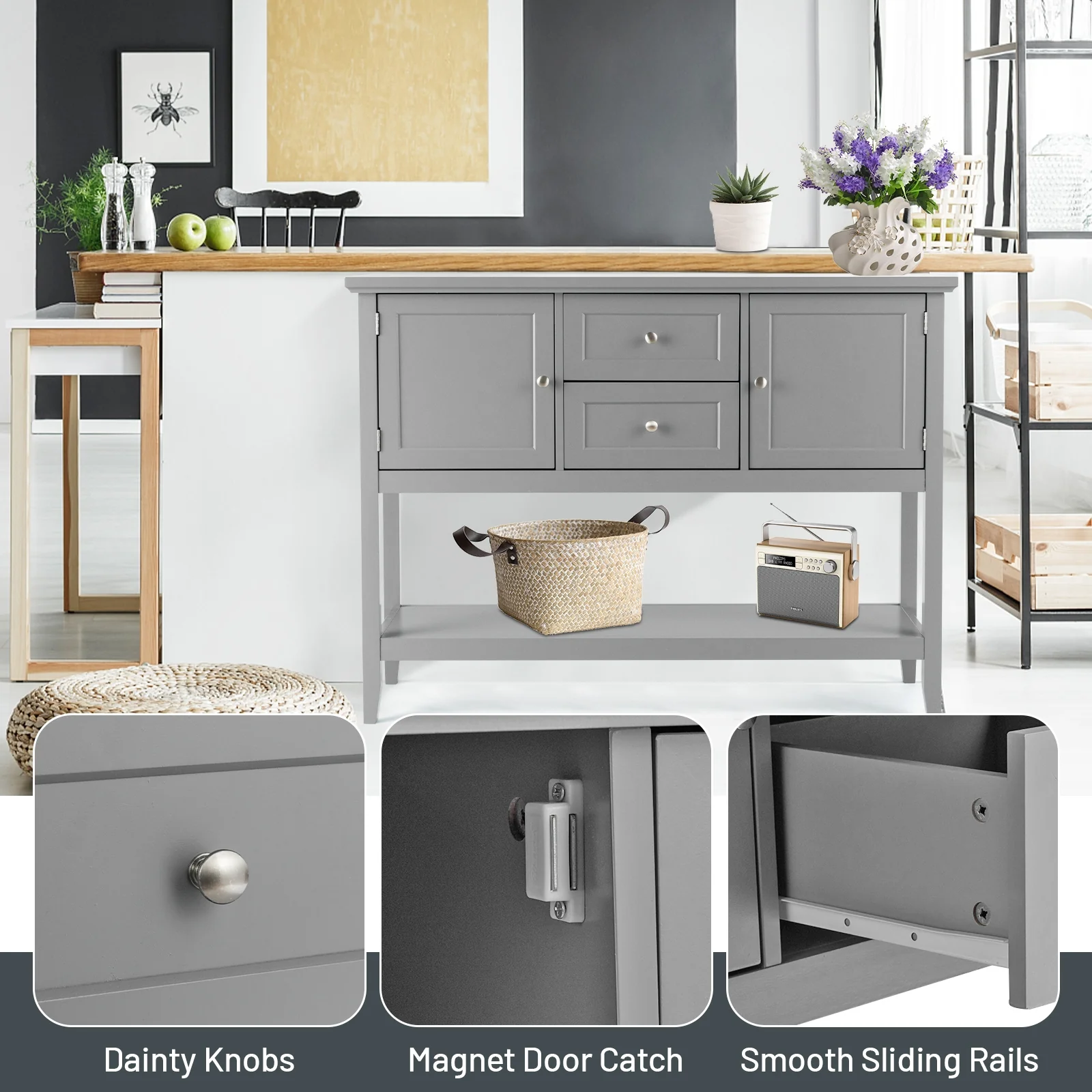 Wooden Sideboard Buffet Console Table with Drawers and Storage, Gray - Image 10