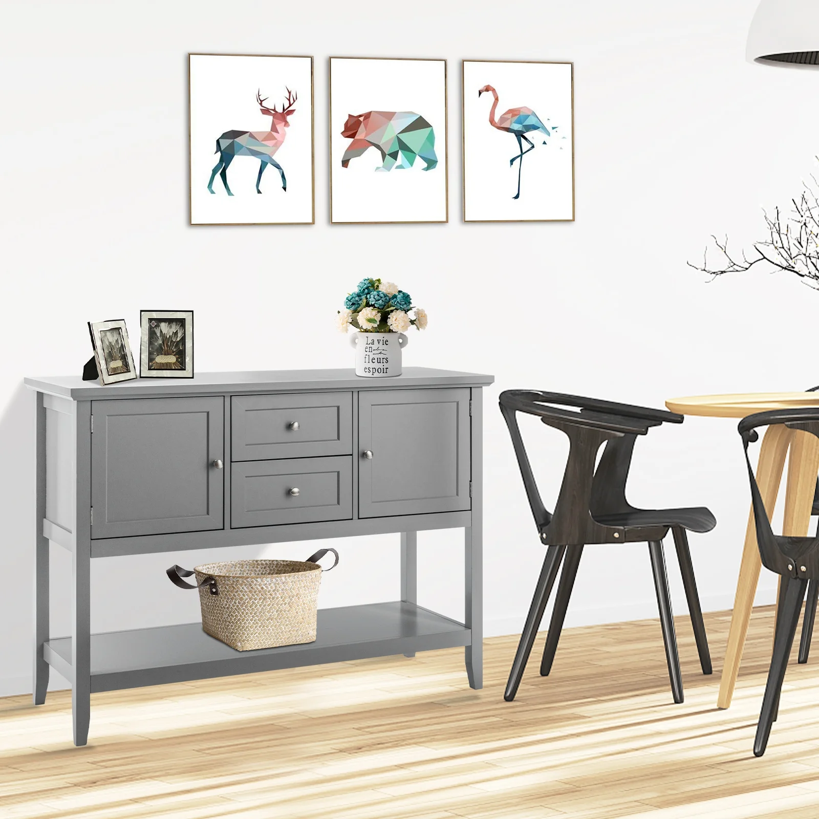Wooden Sideboard Buffet Console Table with Drawers and Storage, Gray - Image 2