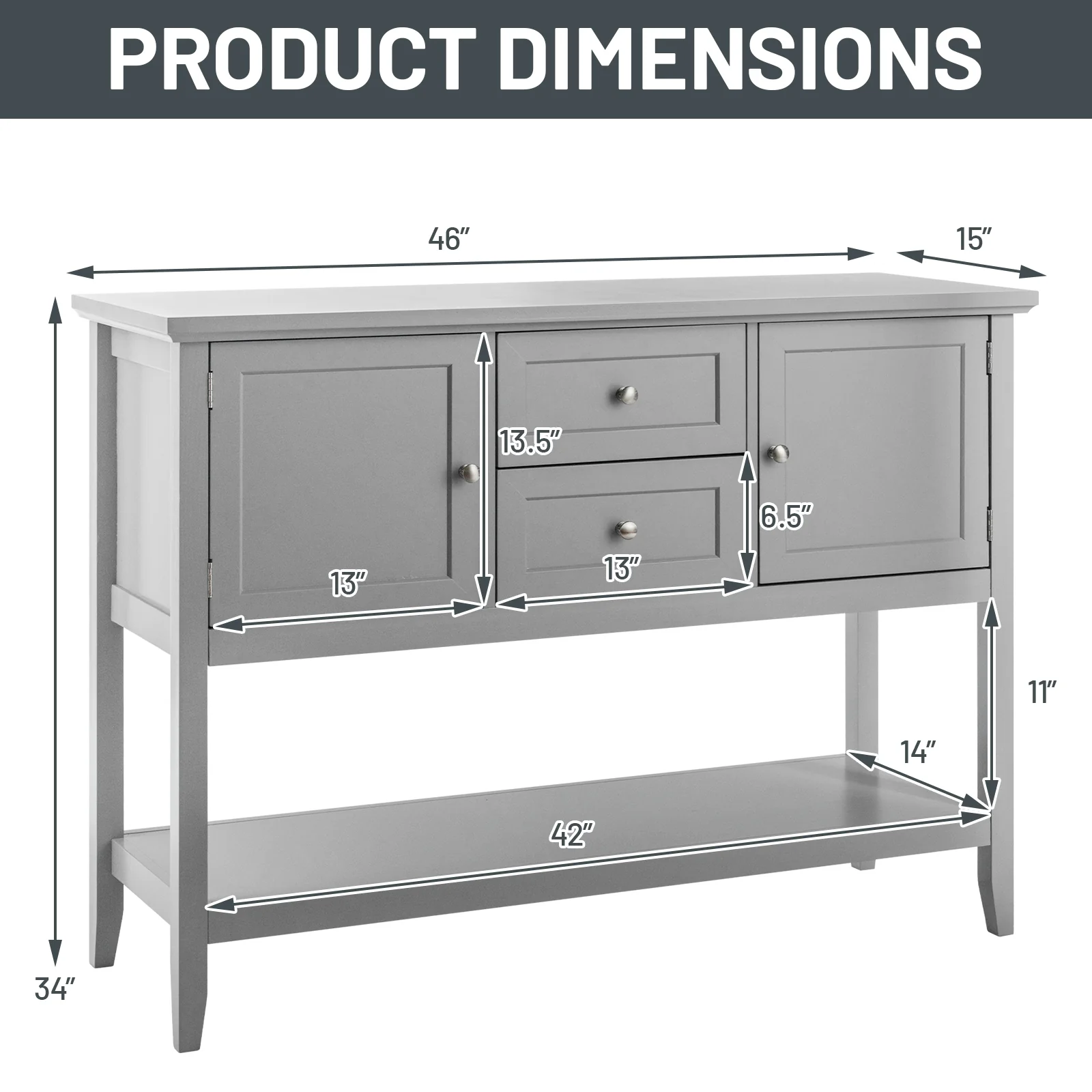 Wooden Sideboard Buffet Console Table with Drawers and Storage, Gray - Image 6