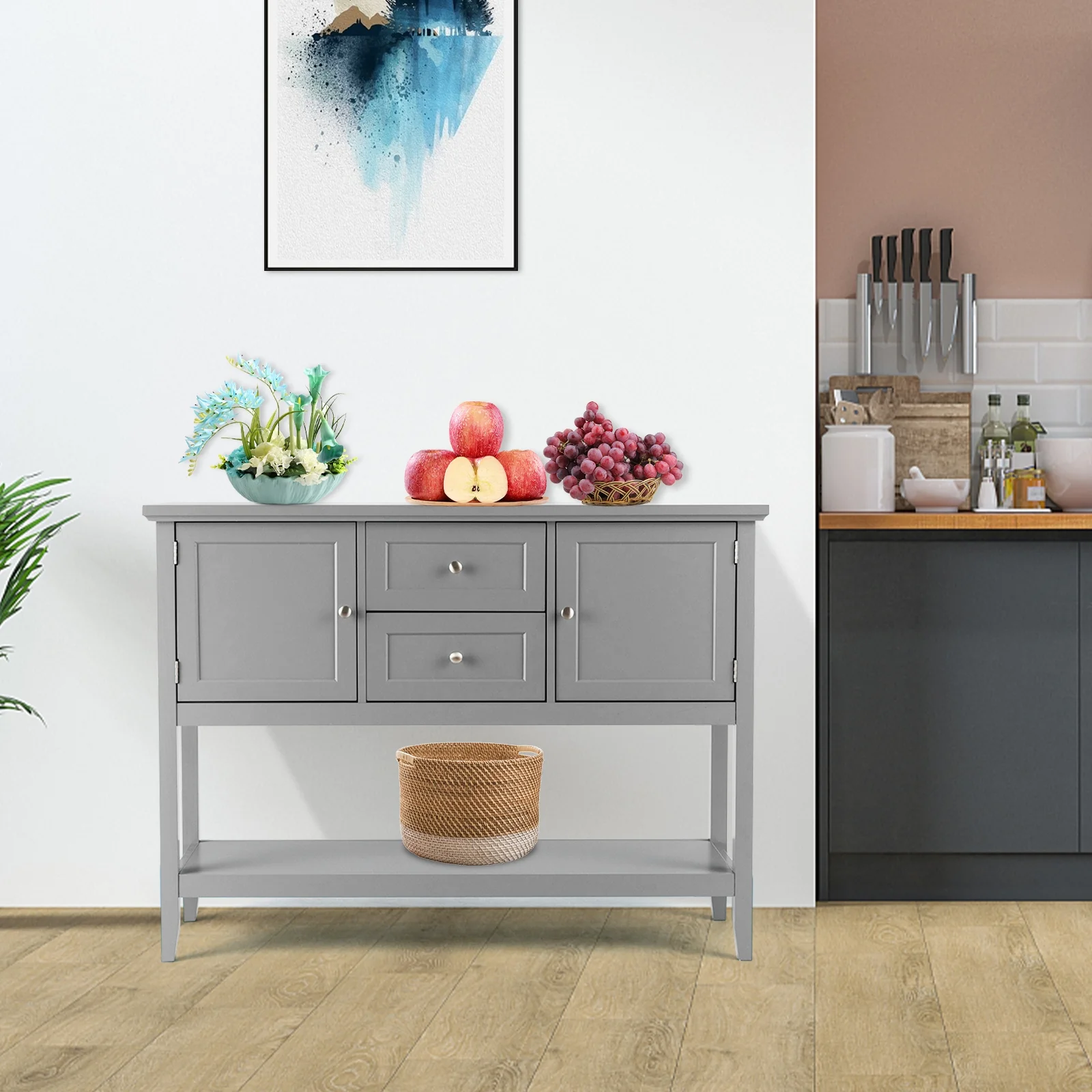 Wooden Sideboard Buffet Console Table with Drawers and Storage, Gray - Image 7