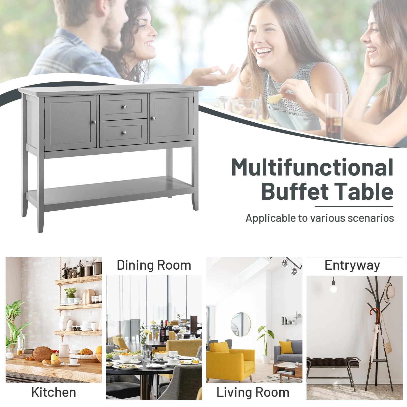 Wooden Sideboard Buffet Console Table with Drawers and Storage, Gray - Image 8