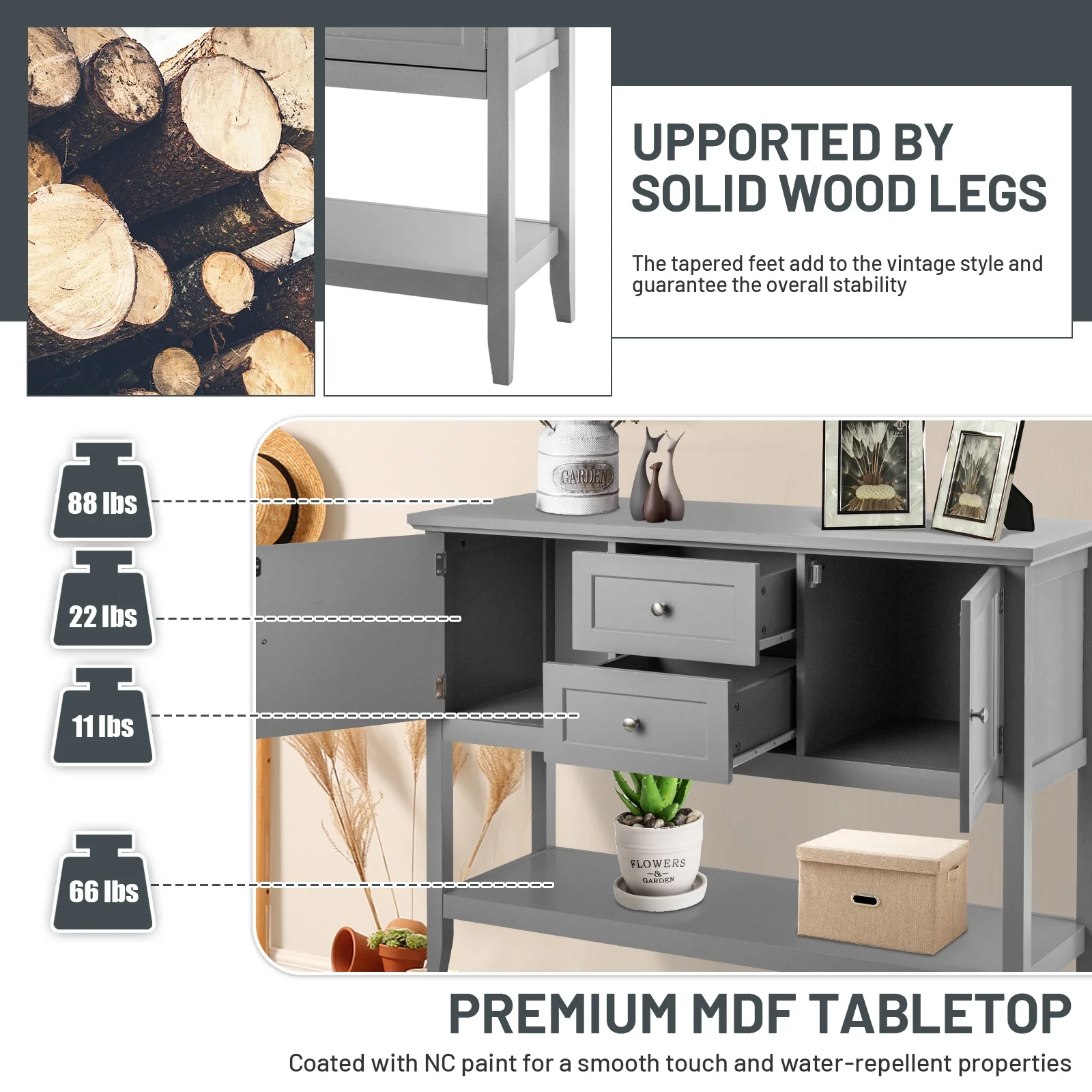 Wooden Sideboard Buffet Console Table with Drawers and Storage, Gray - Image 9