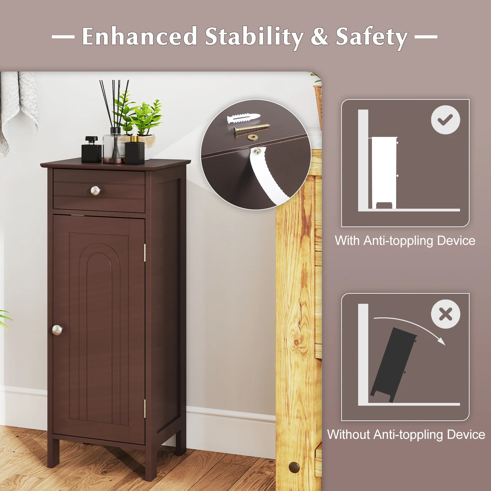 Wooden Storage Cabinet With Drawer And Shelf, Brown - Image 10