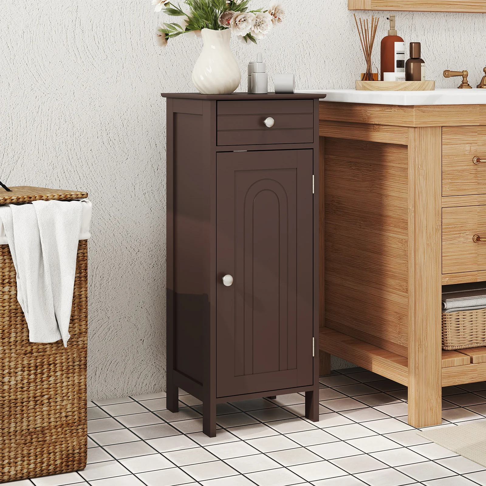Wooden Storage Cabinet With Drawer And Shelf, Brown - Image 2
