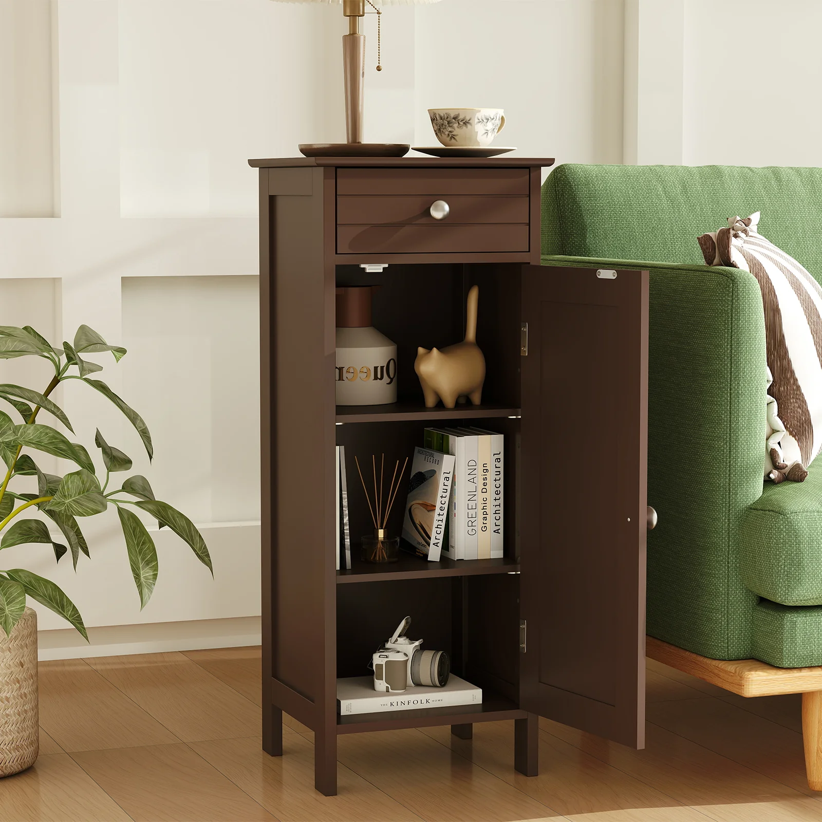 Wooden Storage Cabinet With Drawer And Shelf, Brown - Image 3