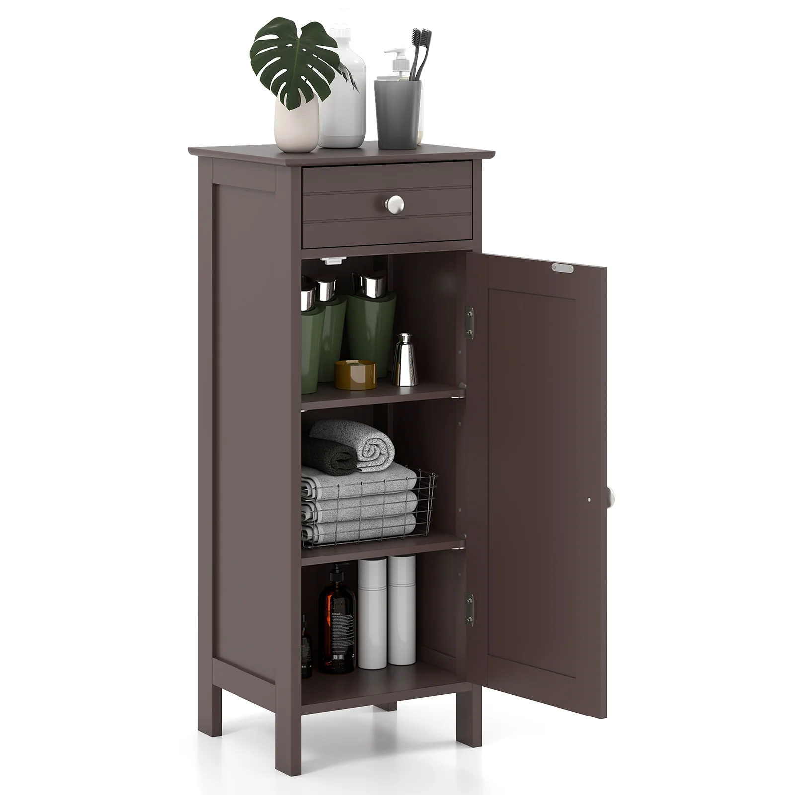 Wooden Storage Cabinet With Drawer And Shelf, Brown - Image 5