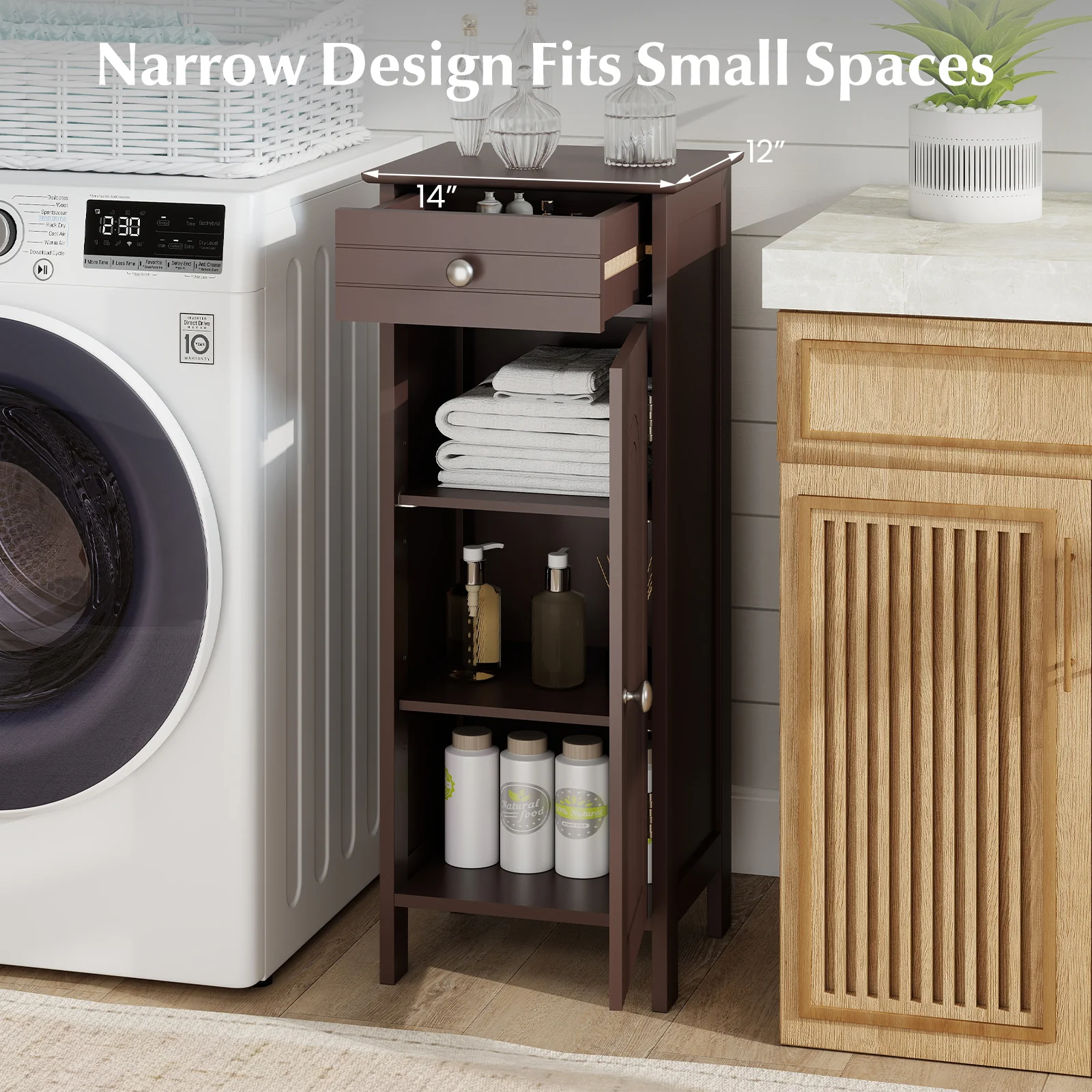 Wooden Storage Cabinet With Drawer And Shelf, Brown - Image 7