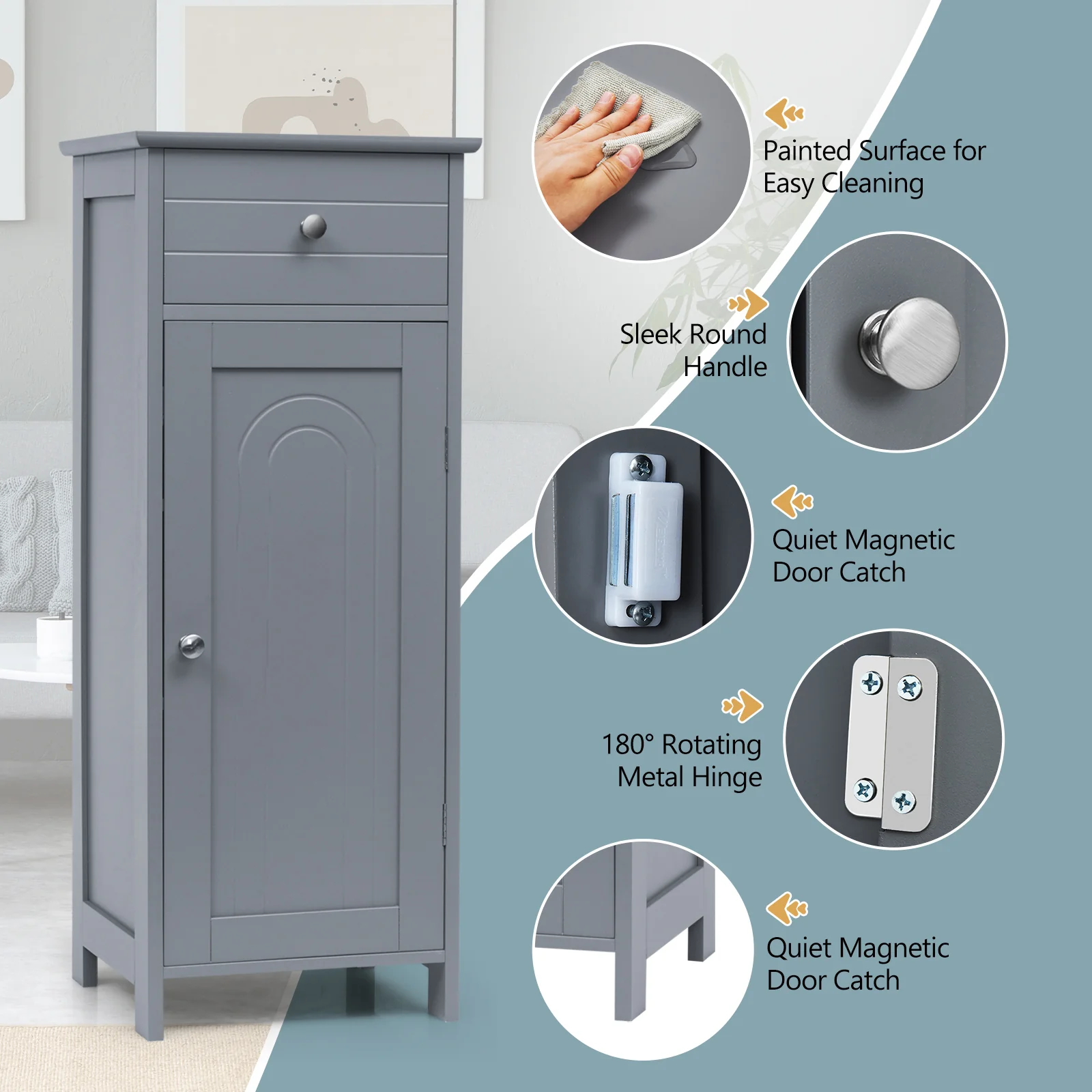Wooden Storage Cabinet With Drawer And Shelf, Gray - Image 10
