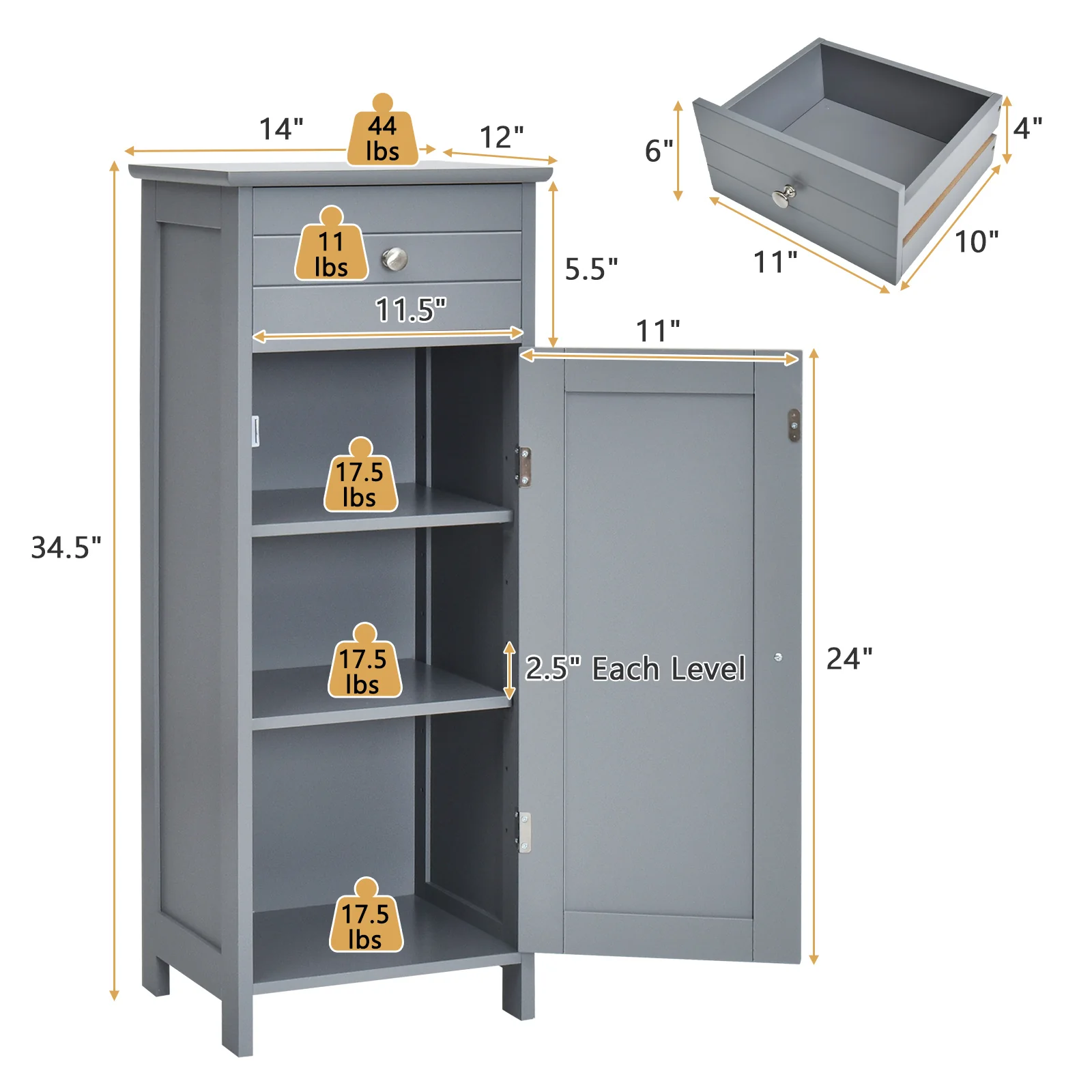 Wooden Storage Cabinet With Drawer And Shelf, Gray - Image 4