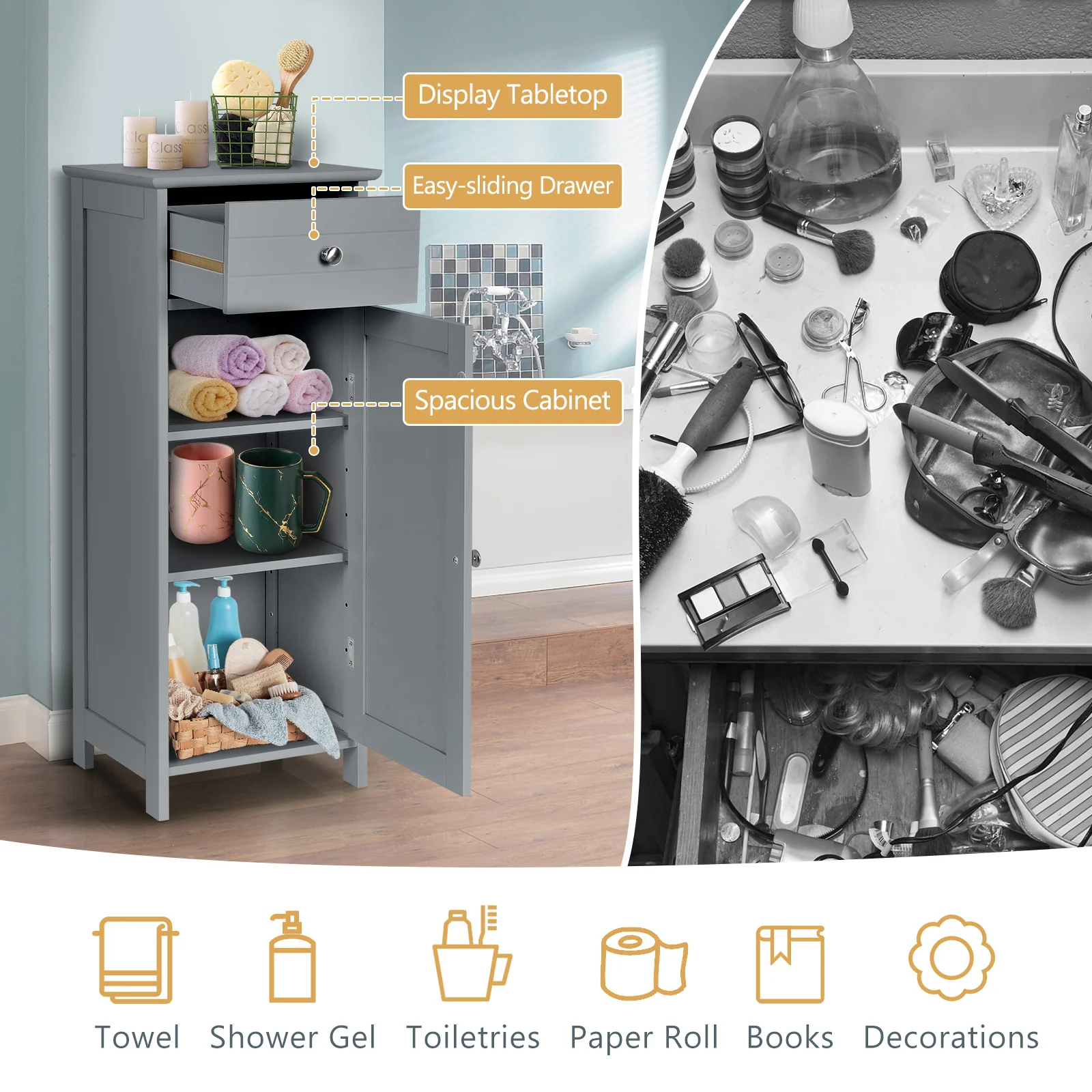 Wooden Storage Cabinet With Drawer And Shelf, Gray - Image 6