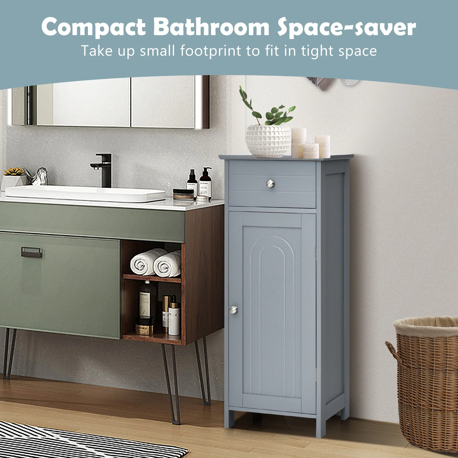 Wooden Storage Cabinet With Drawer And Shelf, Gray - Image 7