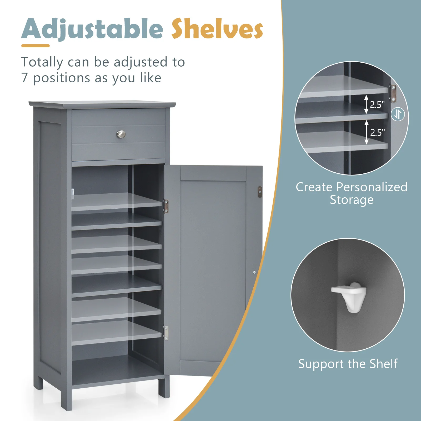 Wooden Storage Cabinet With Drawer And Shelf, Gray - Image 9