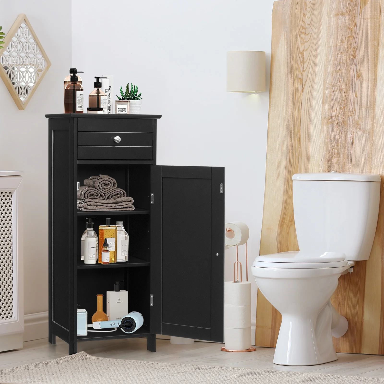 Wooden Storage Cabinet With Drawer, Shelf, Black - Image 7
