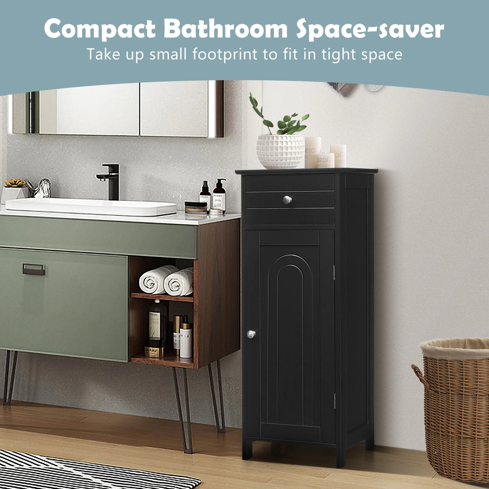 Wooden Storage Cabinet With Drawer, Shelf, Black - Image 8