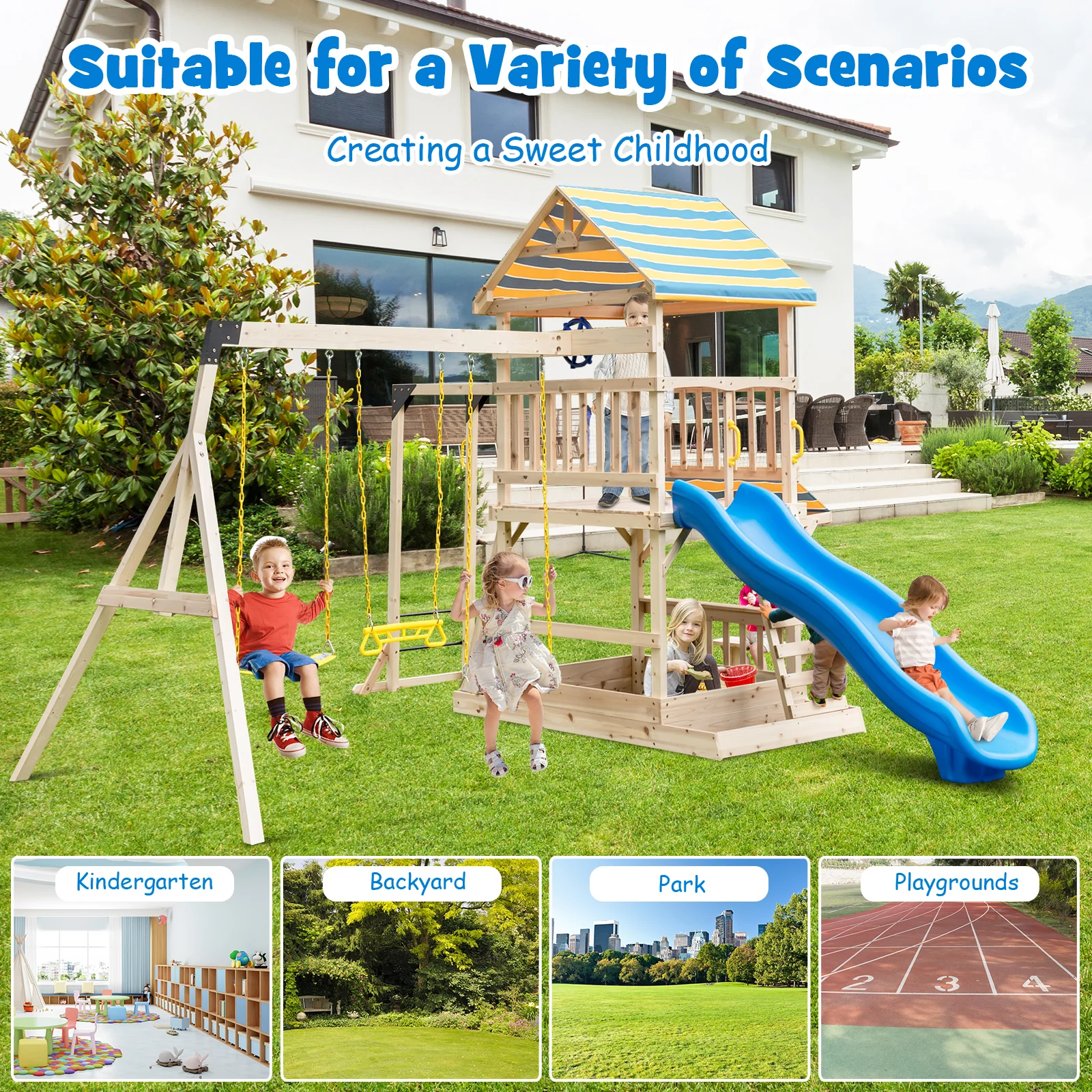 Wooden Swing Set With Large Upper Deck Slide, Steering Wheel, Multicolor - Image 10
