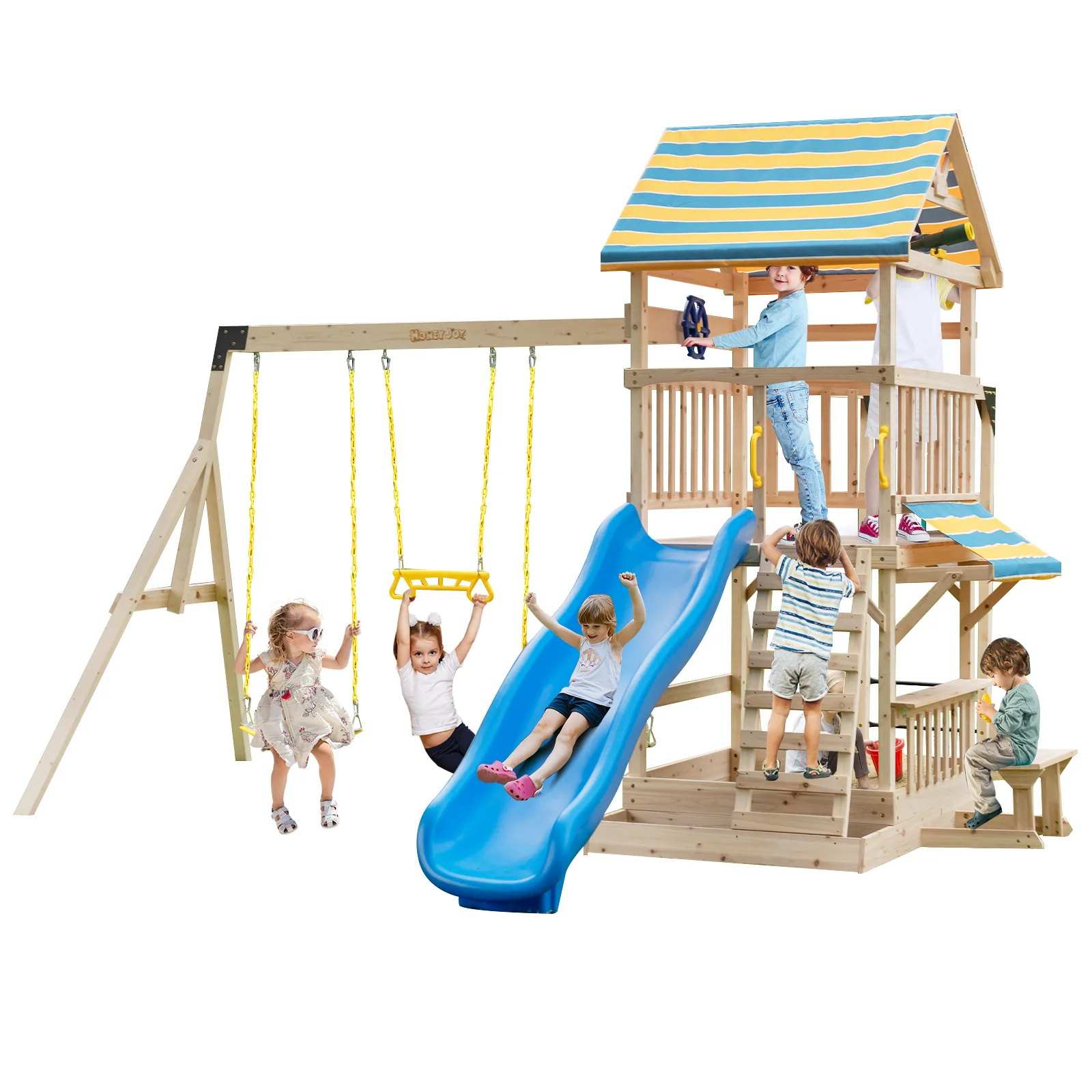 Wooden Swing Set With Large Upper Deck Slide, Steering Wheel, Multicolor - Image 4