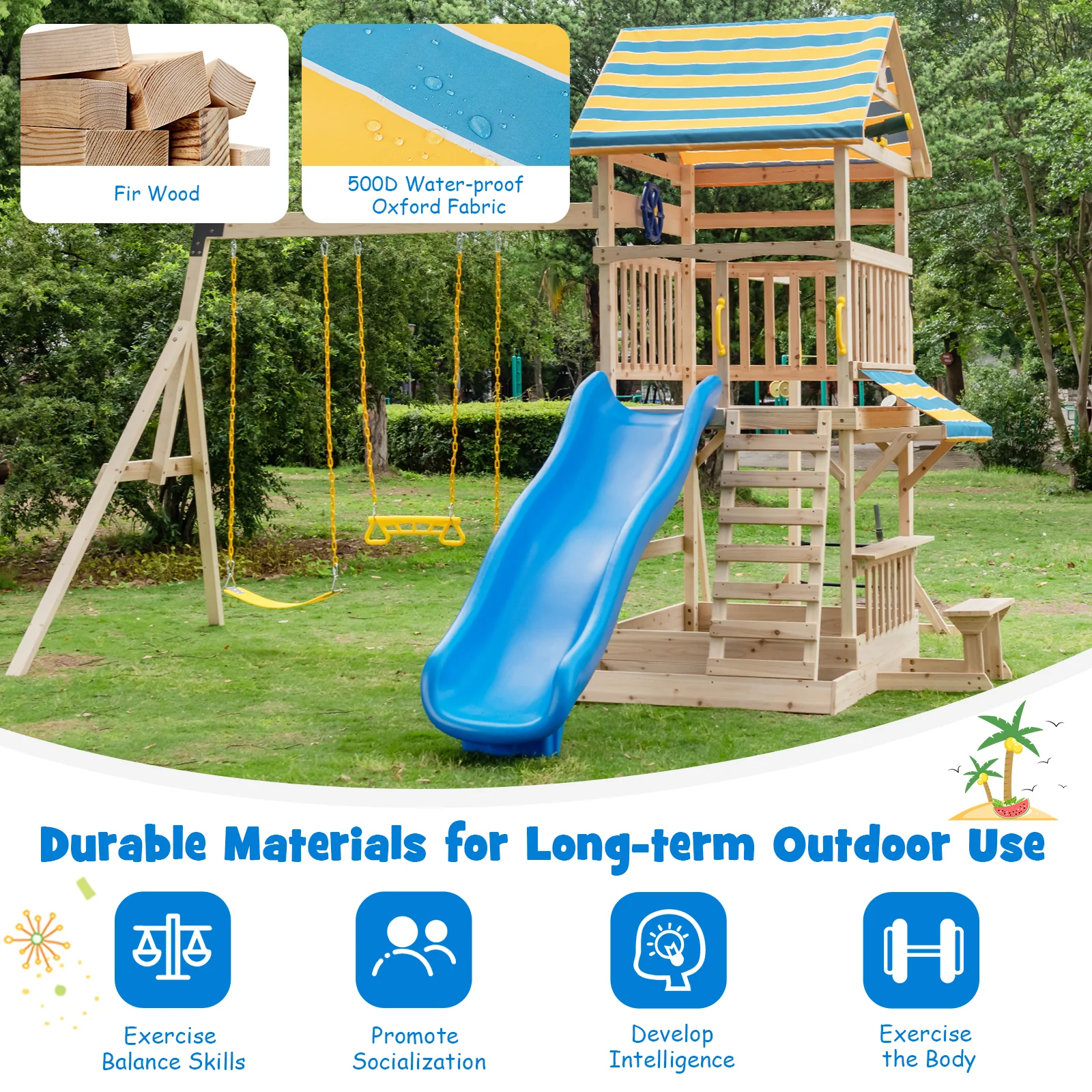 Wooden Swing Set With Large Upper Deck Slide, Steering Wheel, Multicolor - Image 9