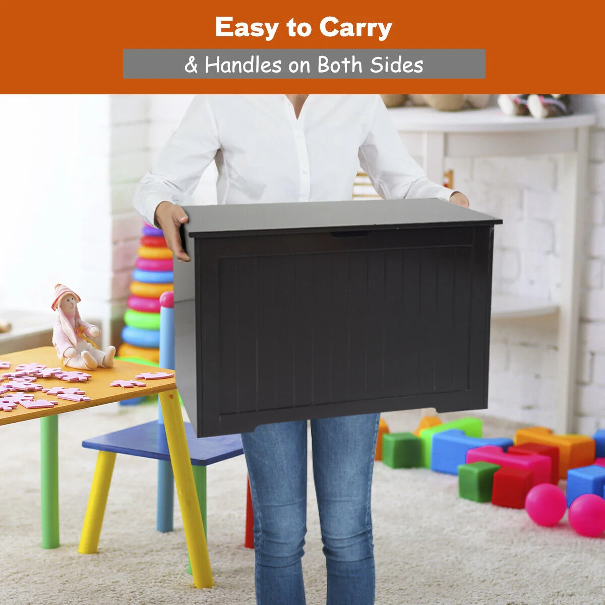 Wooden Toy Box Organizer With Flip-Top Lid, Brown - Image 10