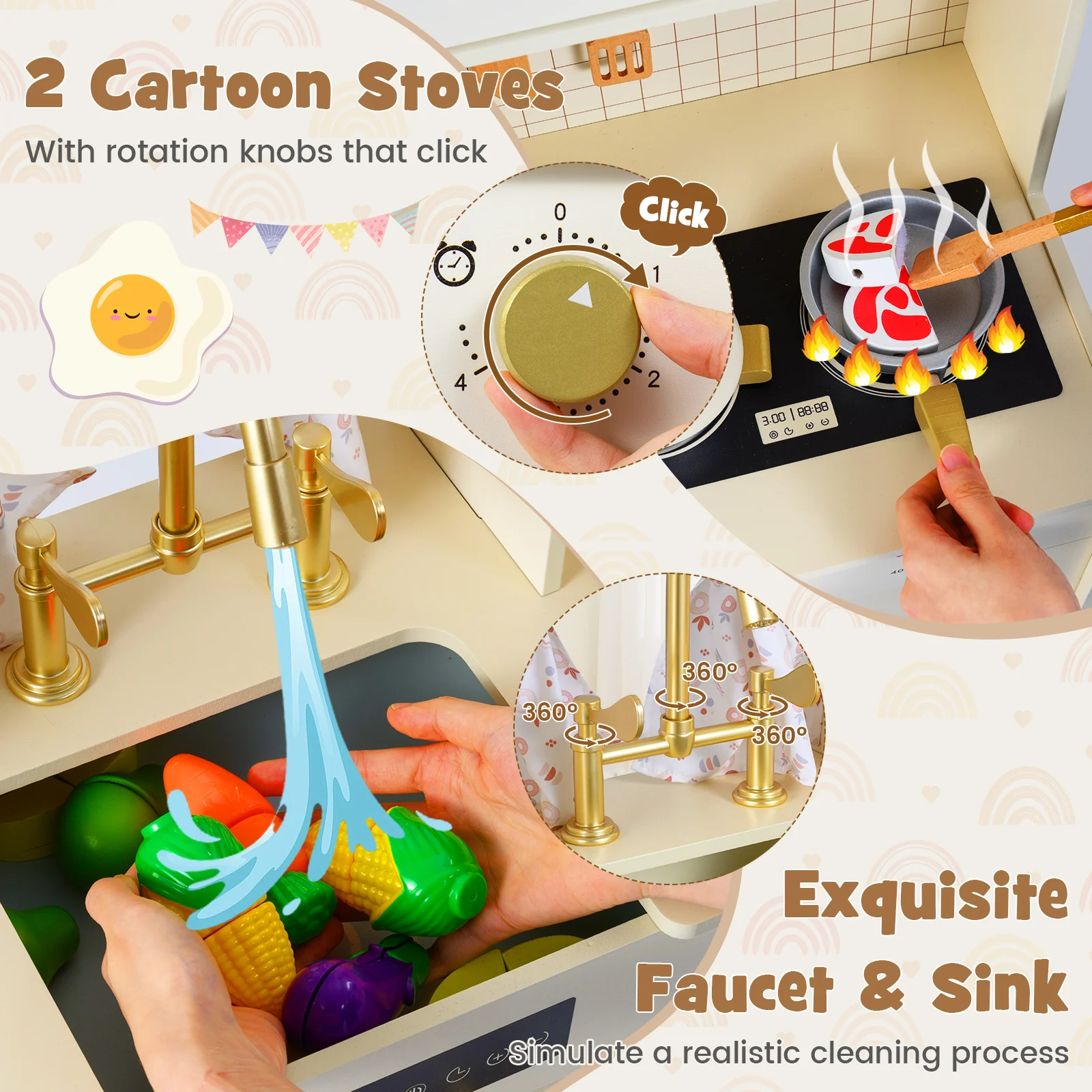 Wooden Toy Kitchen Playset with 14 Accessories for Aged 3+ Years-WH, Beige - Image 10
