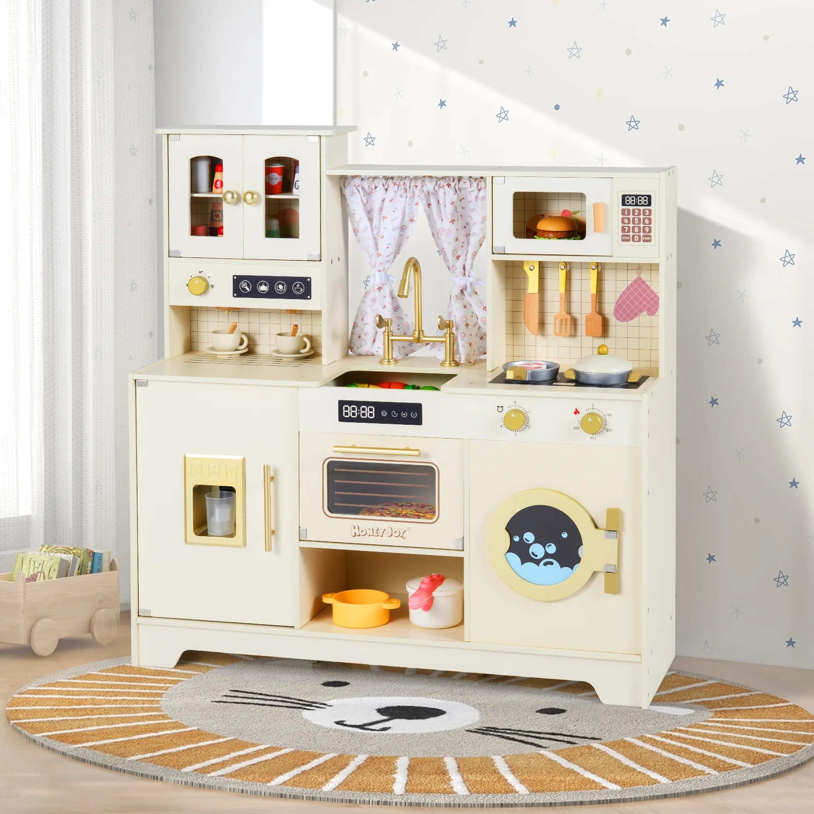 Wooden Toy Kitchen Playset with 14 Accessories for Aged 3+ Years-WH, Beige - Image 3