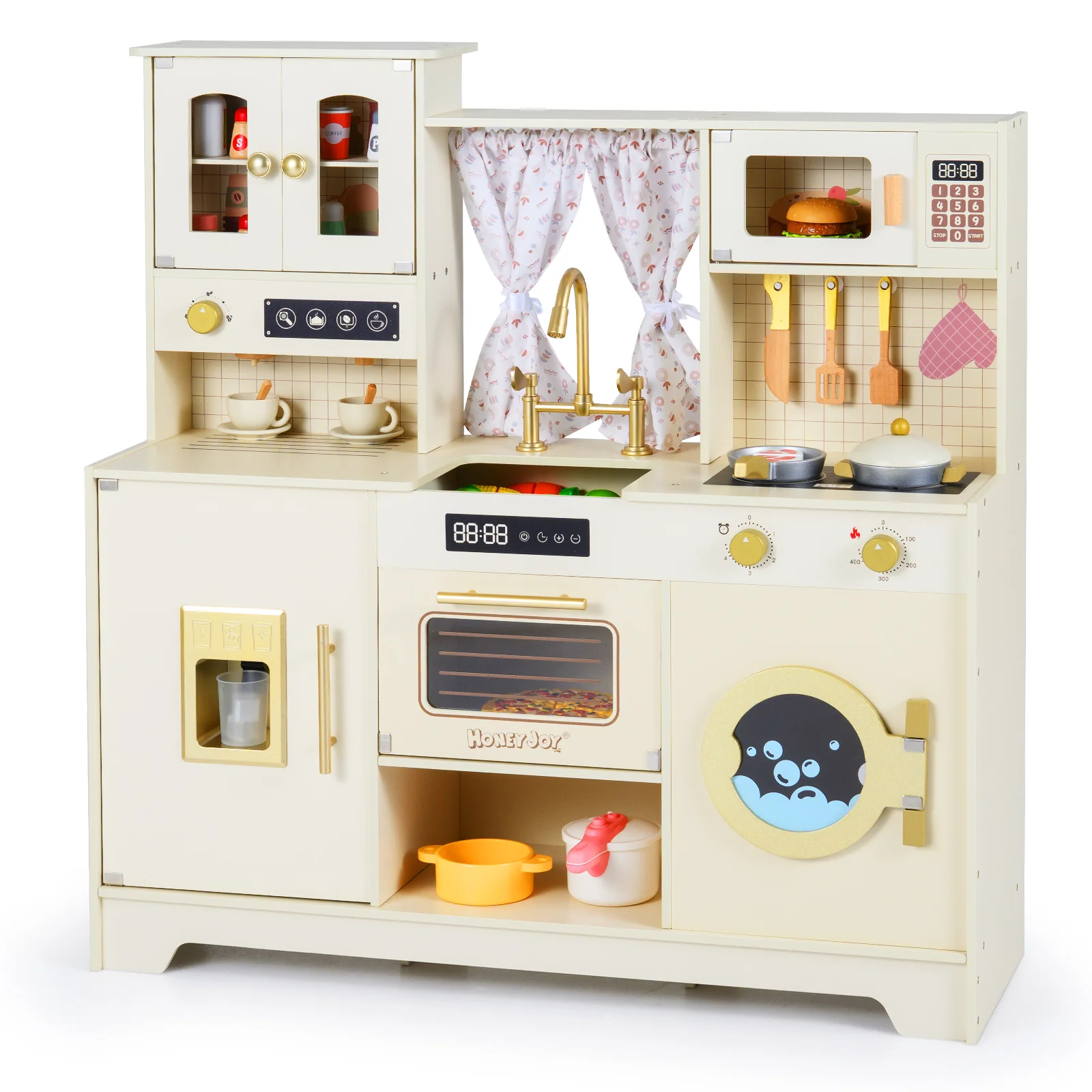 Wooden Toy Kitchen Playset with 14 Accessories for Aged 3+ Years-WH, Beige - Image 4