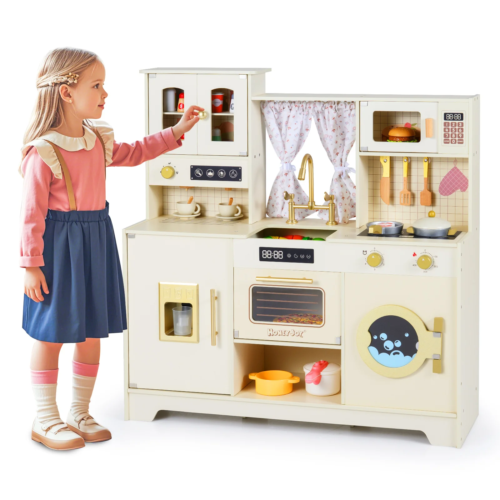 Wooden Toy Kitchen Playset with 14 Accessories for Aged 3+ Years-WH, Beige - Image 5