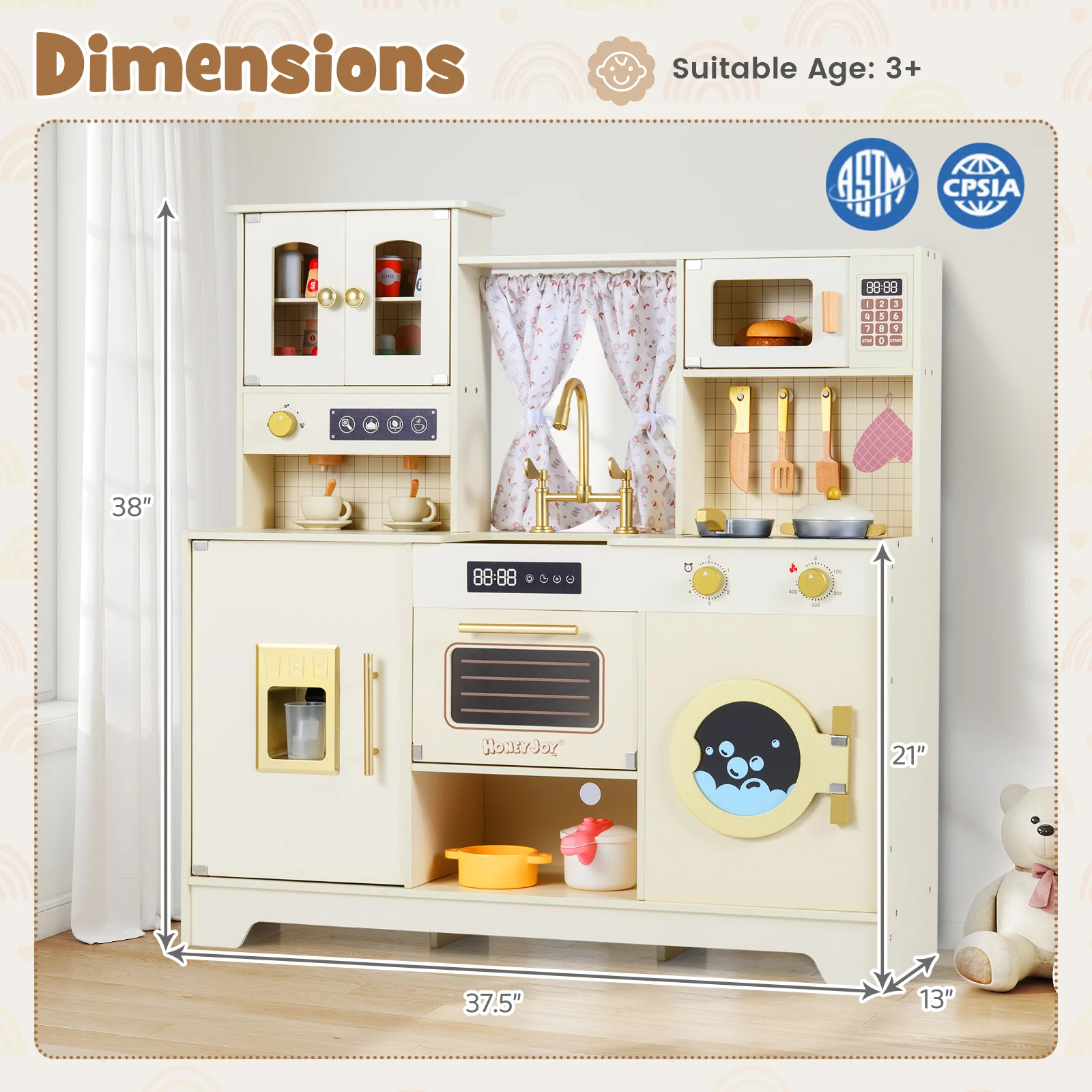 Wooden Toy Kitchen Playset with 14 Accessories for Aged 3+ Years-WH, Beige - Image 6