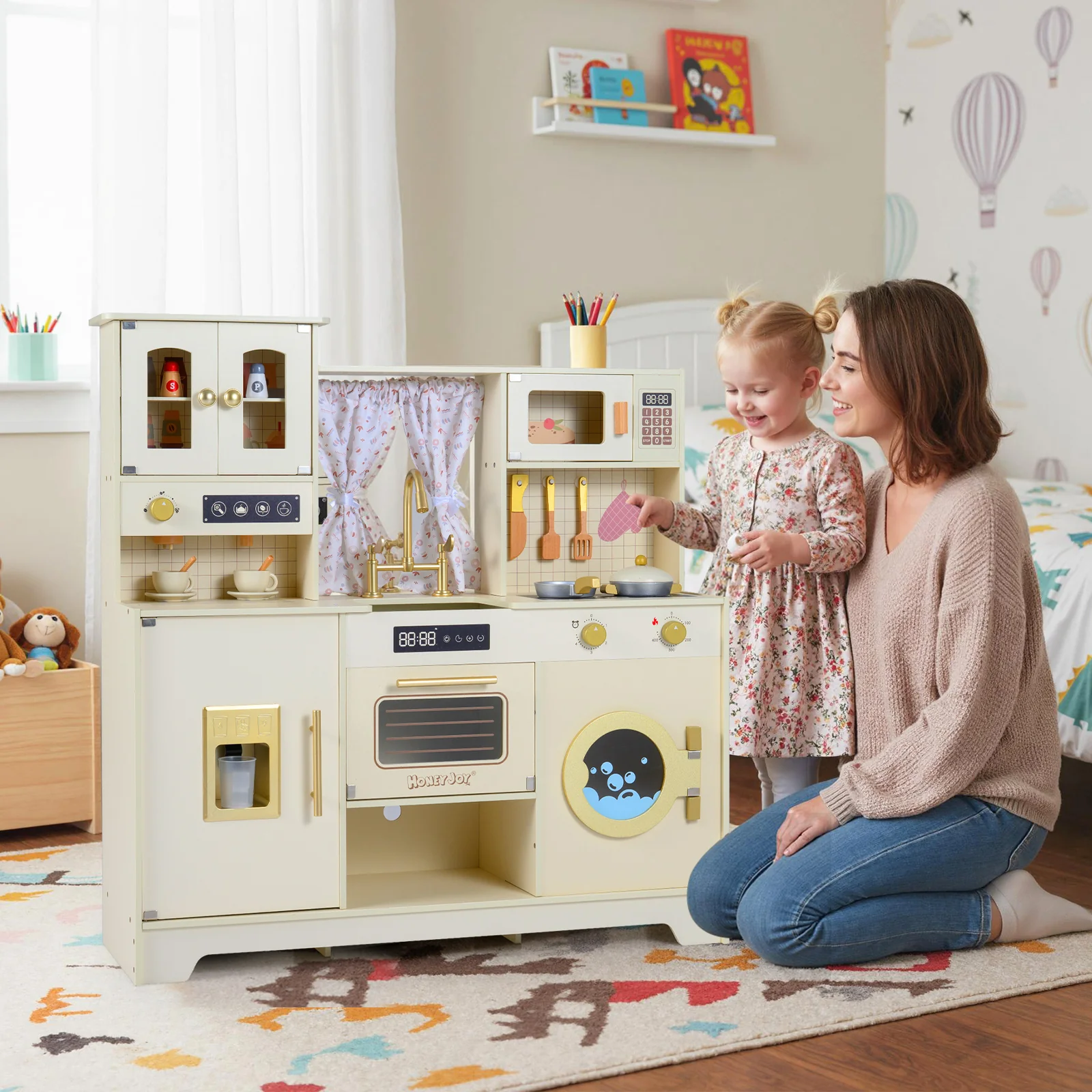 Wooden Toy Kitchen Playset with 14 Accessories for Aged 3+ Years-WH, Beige - Image 8