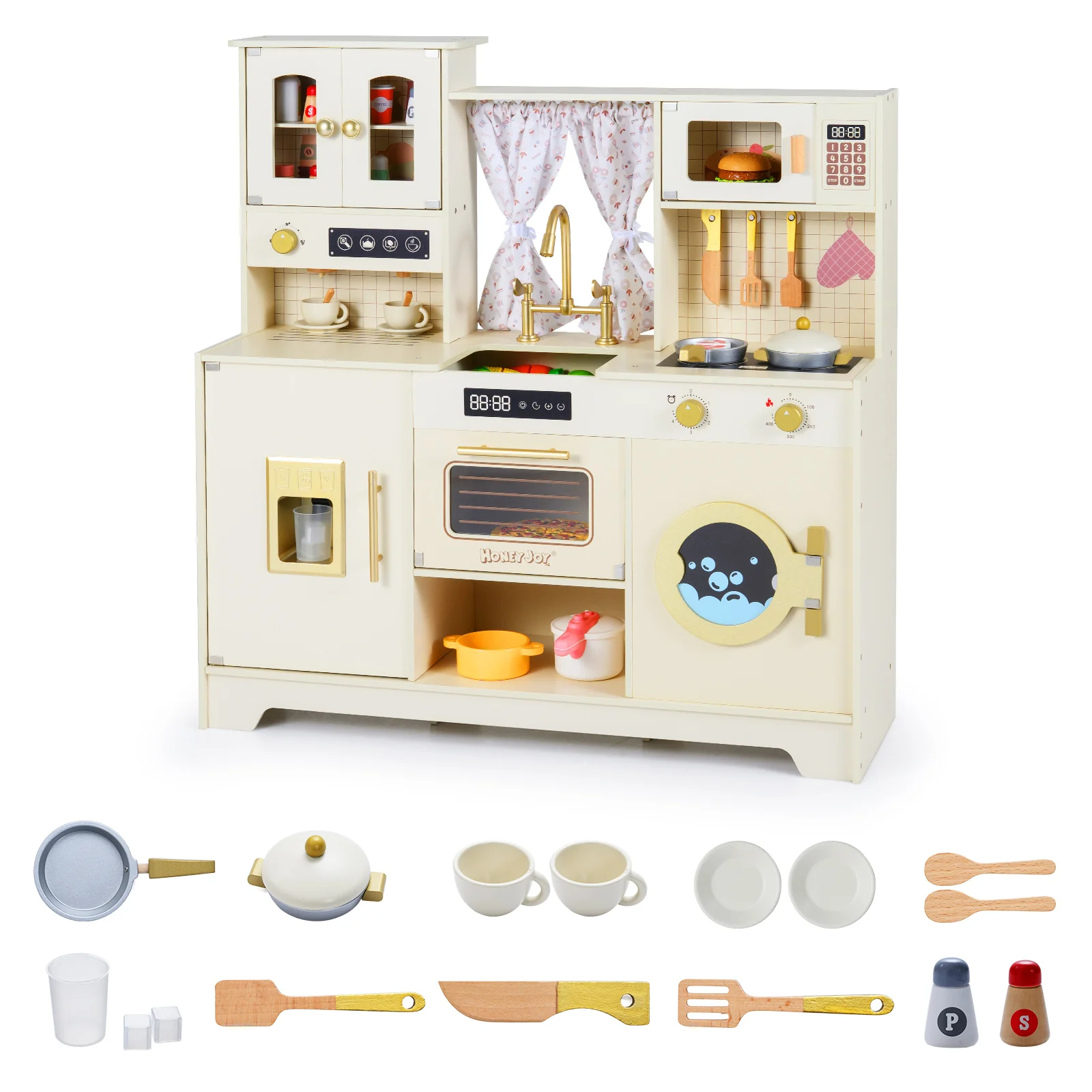 Wooden Toy Kitchen Playset with 14 Accessories for Aged 3+ Years-WH, Beige - Image 9
