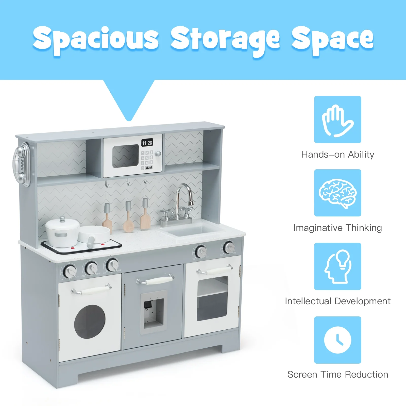 Wooden Toy Kitchen Set With Light And Sound, White, Gray - Image 10