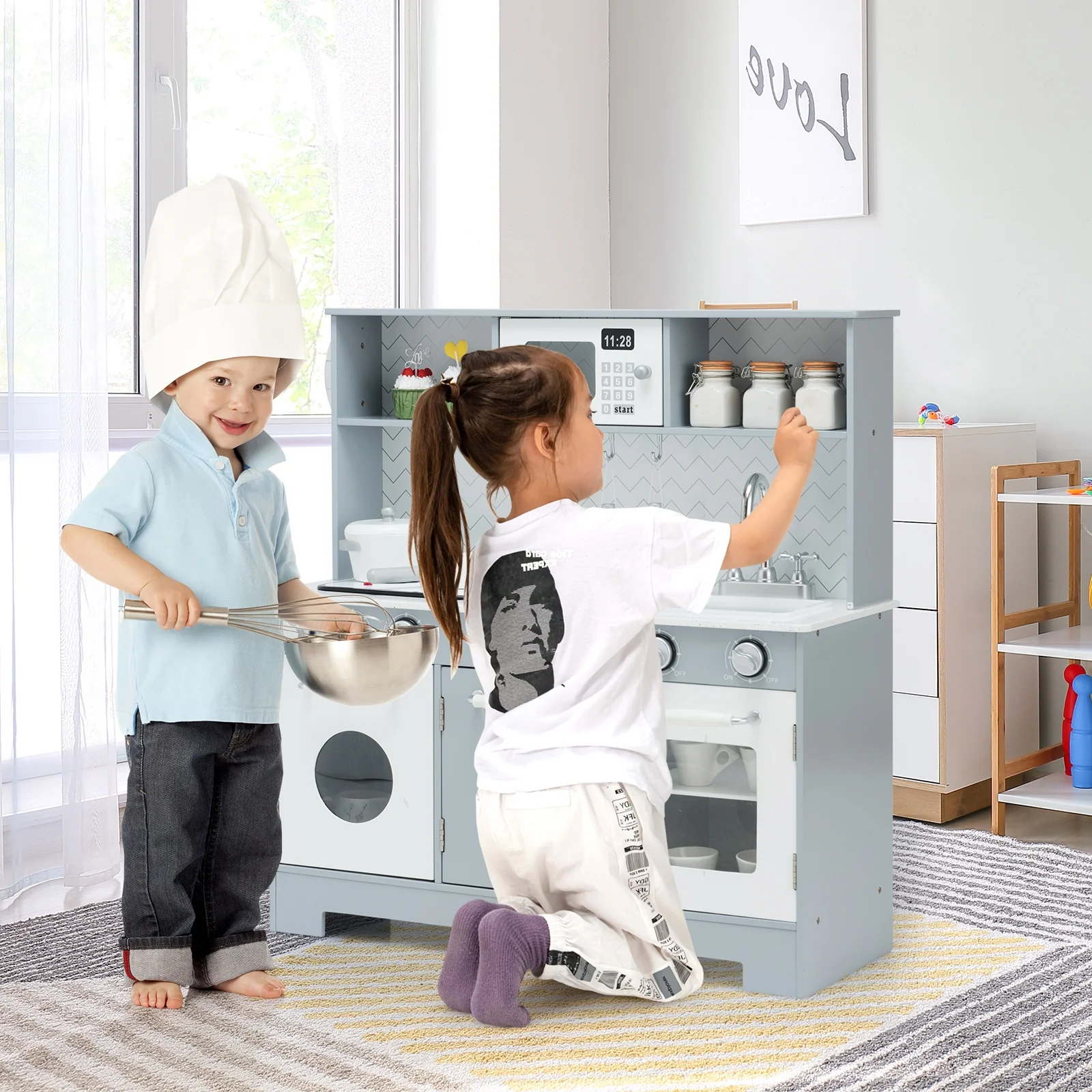 Wooden Toy Kitchen Set With Light And Sound, White, Gray - Image 2