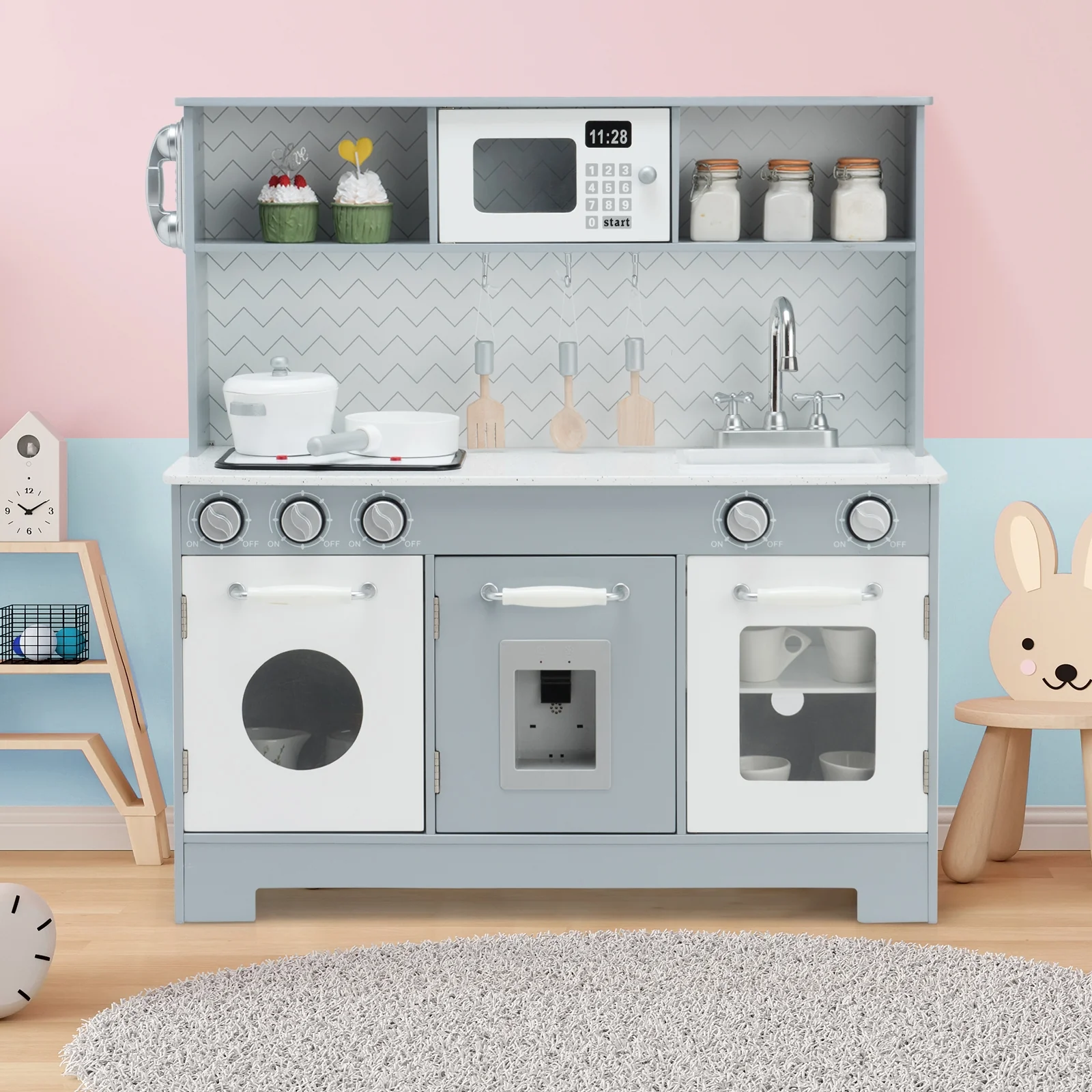 Wooden Toy Kitchen Set With Light And Sound, White, Gray - Image 3