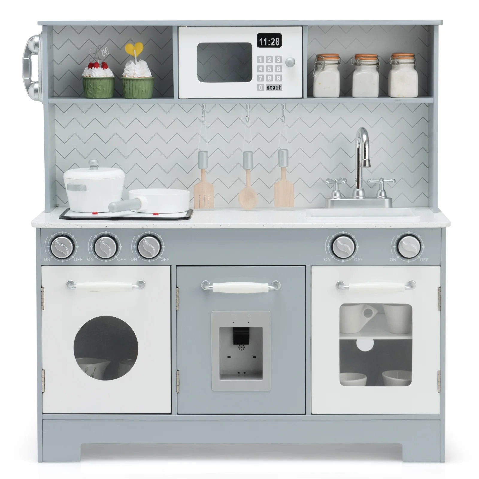 Wooden Toy Kitchen Set With Light And Sound, White, Gray - Image 4