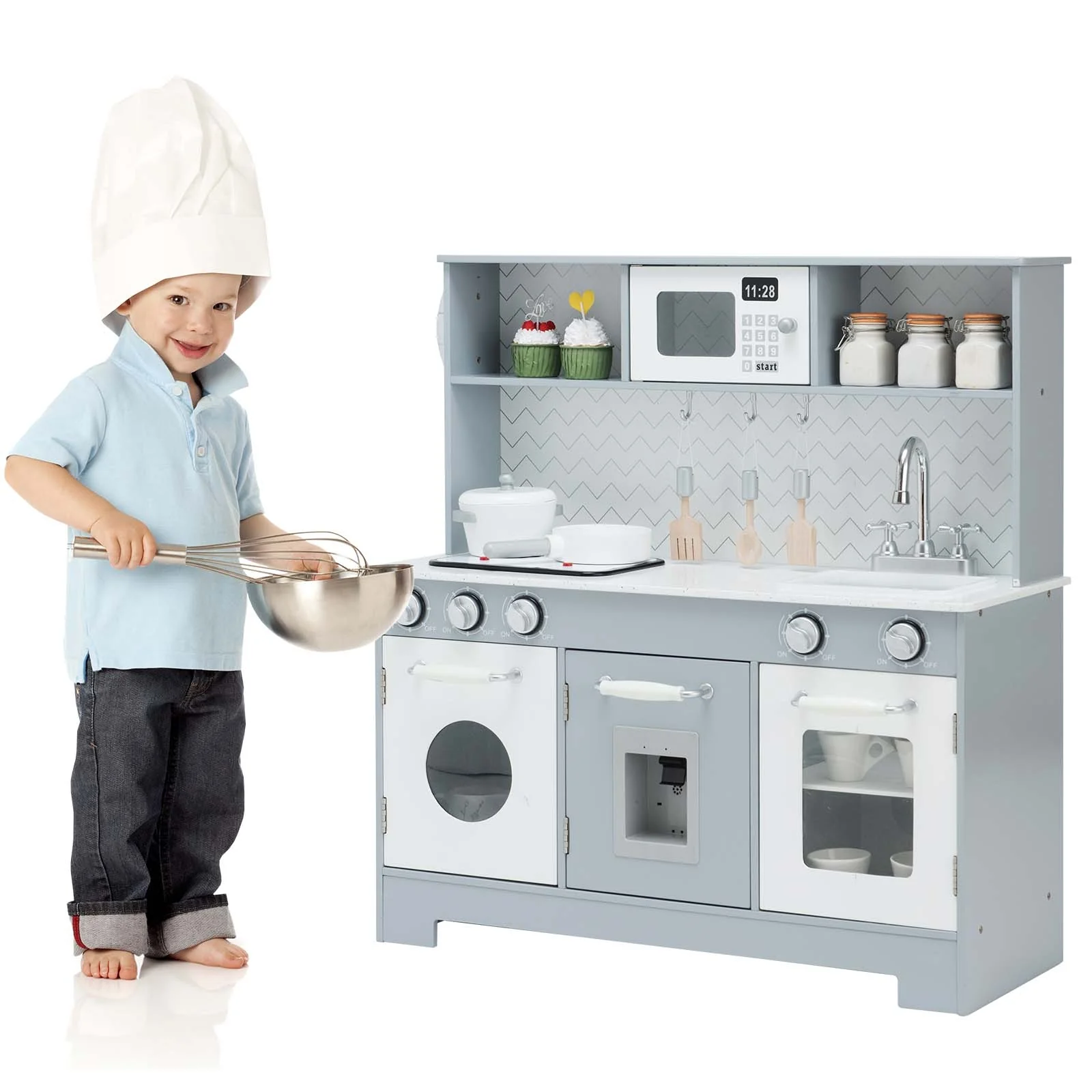 Wooden Toy Kitchen Set With Light And Sound, White, Gray - Image 5