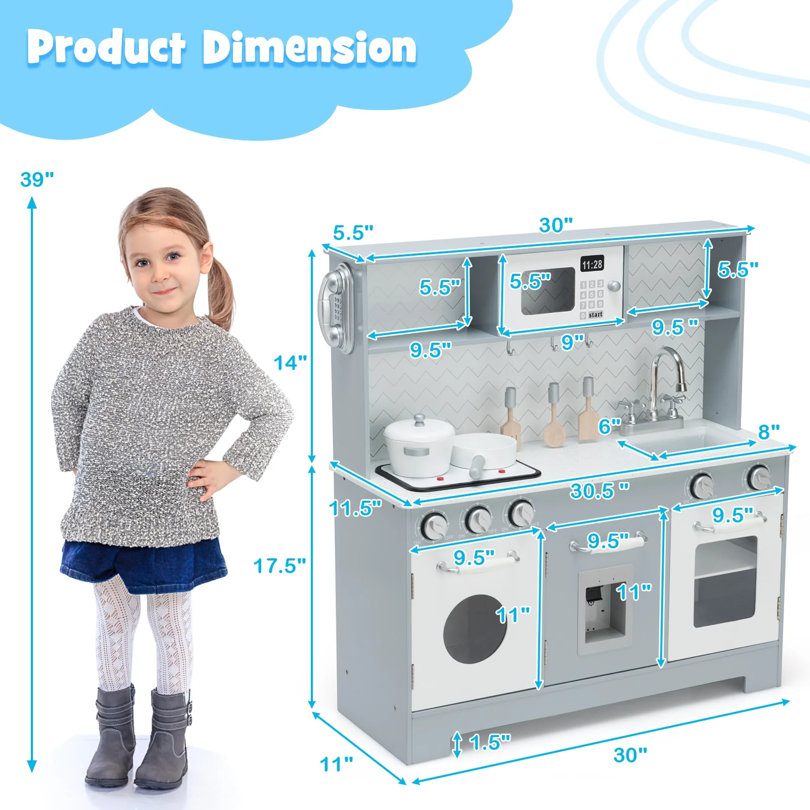 Wooden Toy Kitchen Set With Light And Sound, White, Gray - Image 6