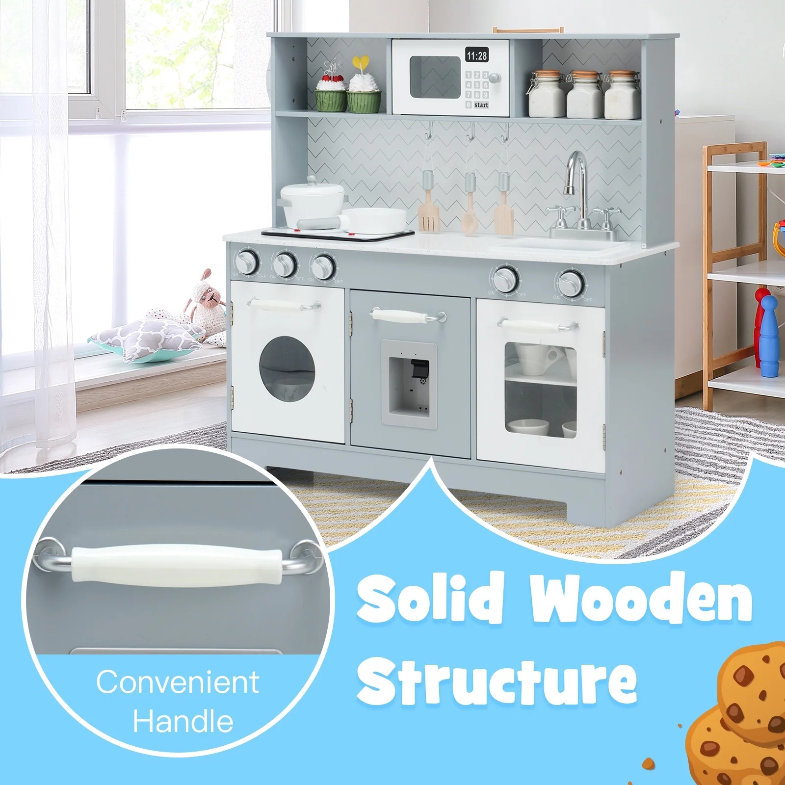 Wooden Toy Kitchen Set With Light And Sound, White, Gray - Image 7