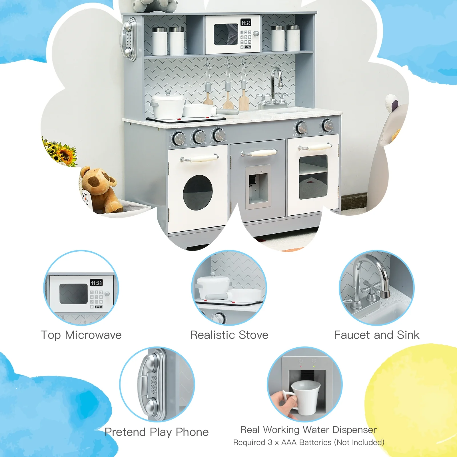 Wooden Toy Kitchen Set With Light And Sound, White, Gray - Image 8