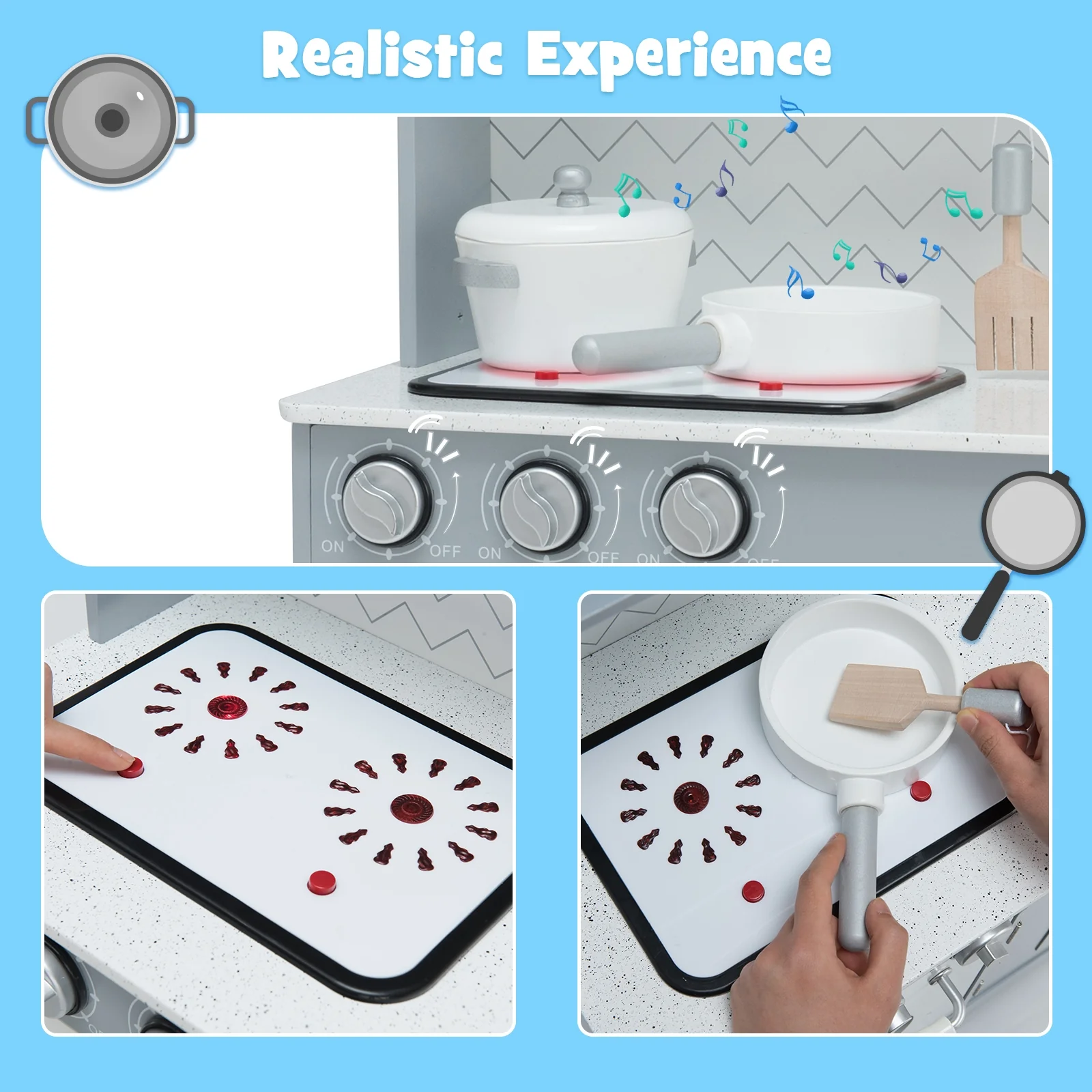 Wooden Toy Kitchen Set With Light And Sound, White, Gray - Image 9